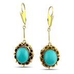 Vintage 14K Yellow Gold Oval Turquoise Drop Earrings