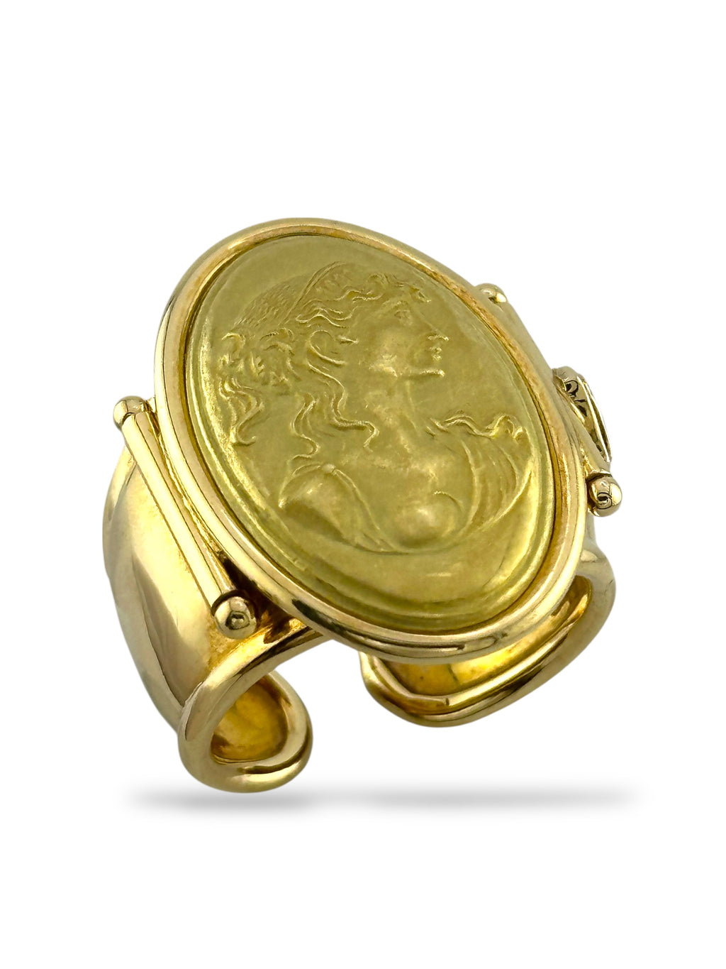 Set of 18K Yellow Gold Renaissance Revival Cuff Bracelet and Ring with Female Deity Motif