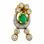 Gold emerald oval chandelier earrings with diamond circle tops and multiple round stone drops