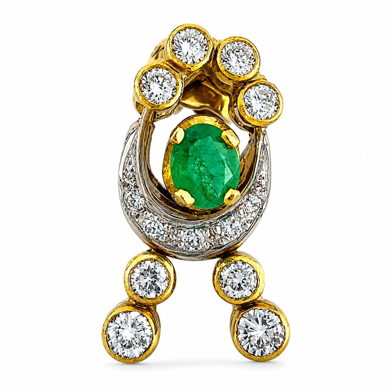 Gold emerald oval chandelier earrings with diamond circle tops and multiple round stone drops
