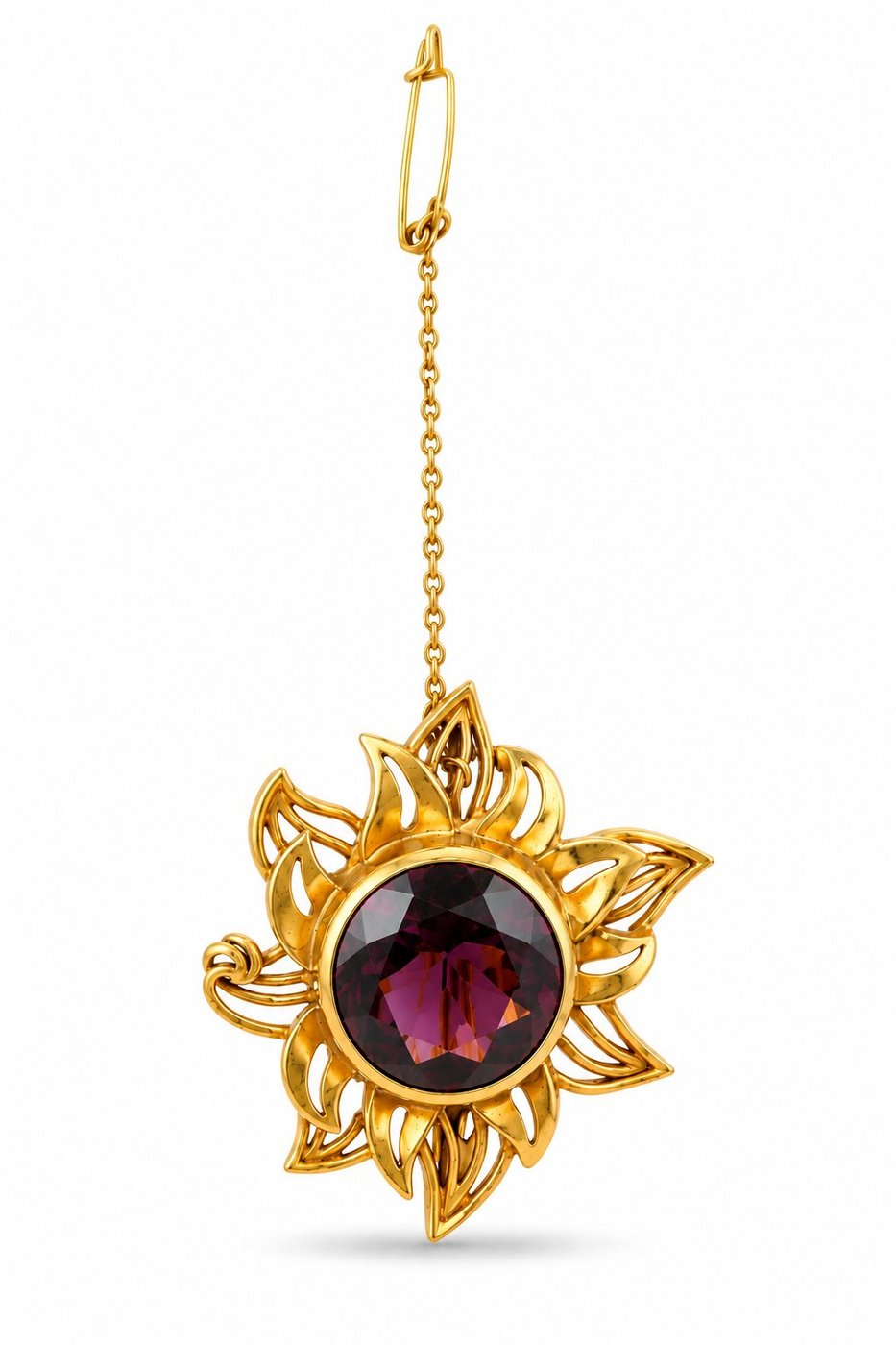 18k gold sunburst brooch with round dark amethyst center stone