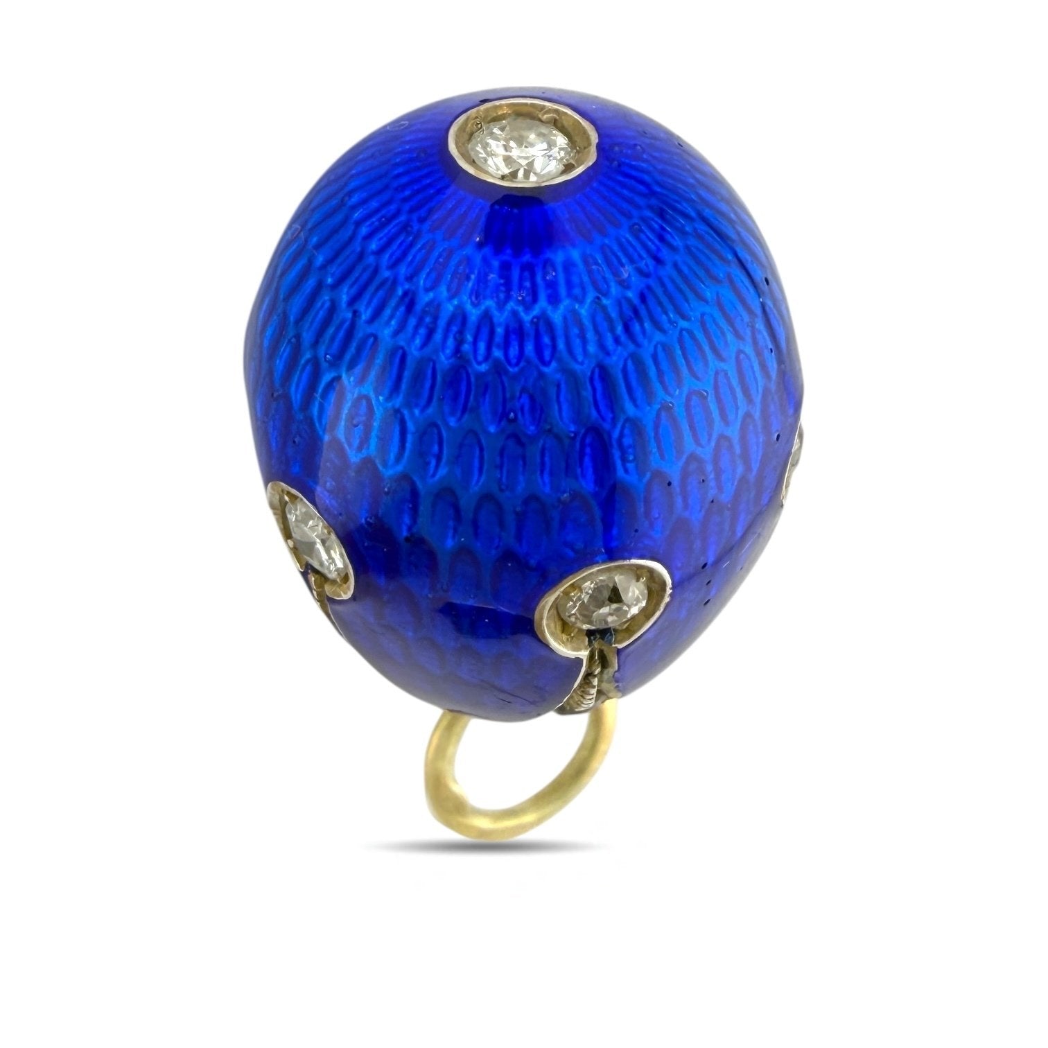 Imperial Russian 14K Yellow Gold and Blue Enamel 0.9ct Diamond Egg Pendant