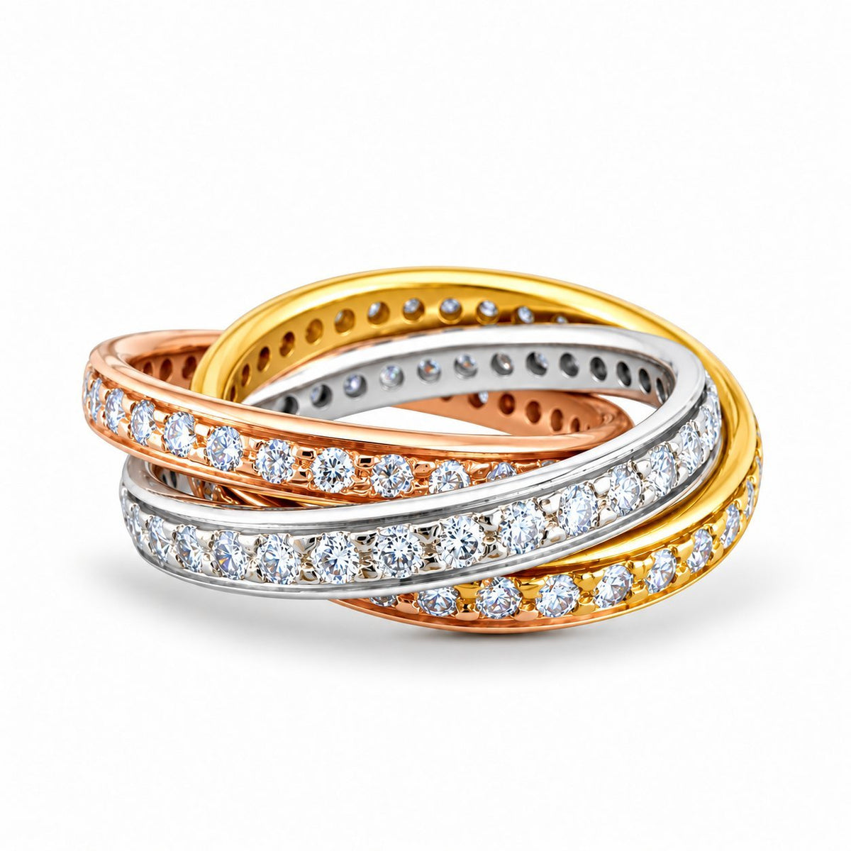 Interwoven white, yellow, and rose gold bands set with rows of diamonds