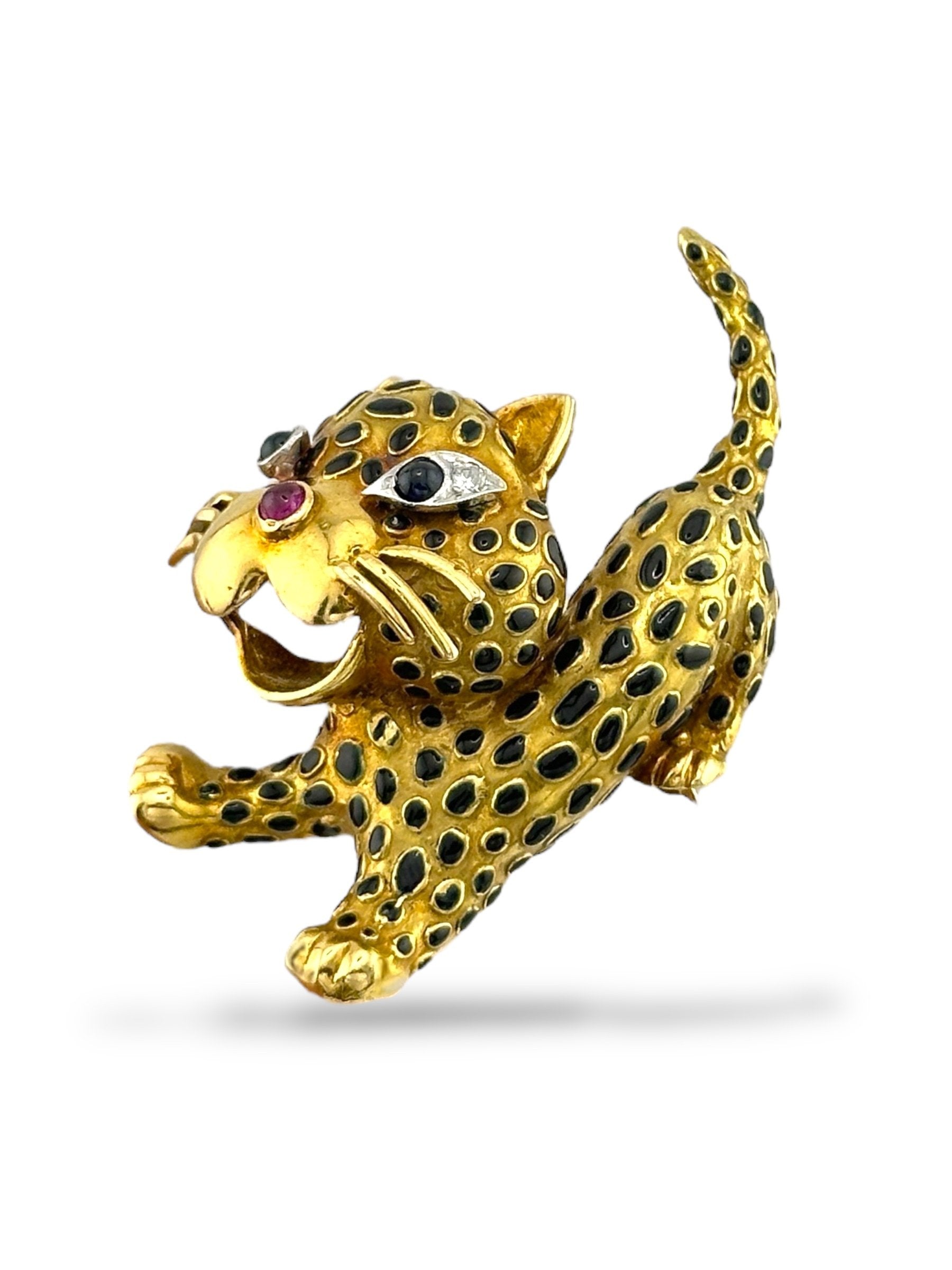 Brooch - 18 kt. 18K Yellow Gold Leopard Brooch with Diamonds, Ruby & Enamel, Yellow gold