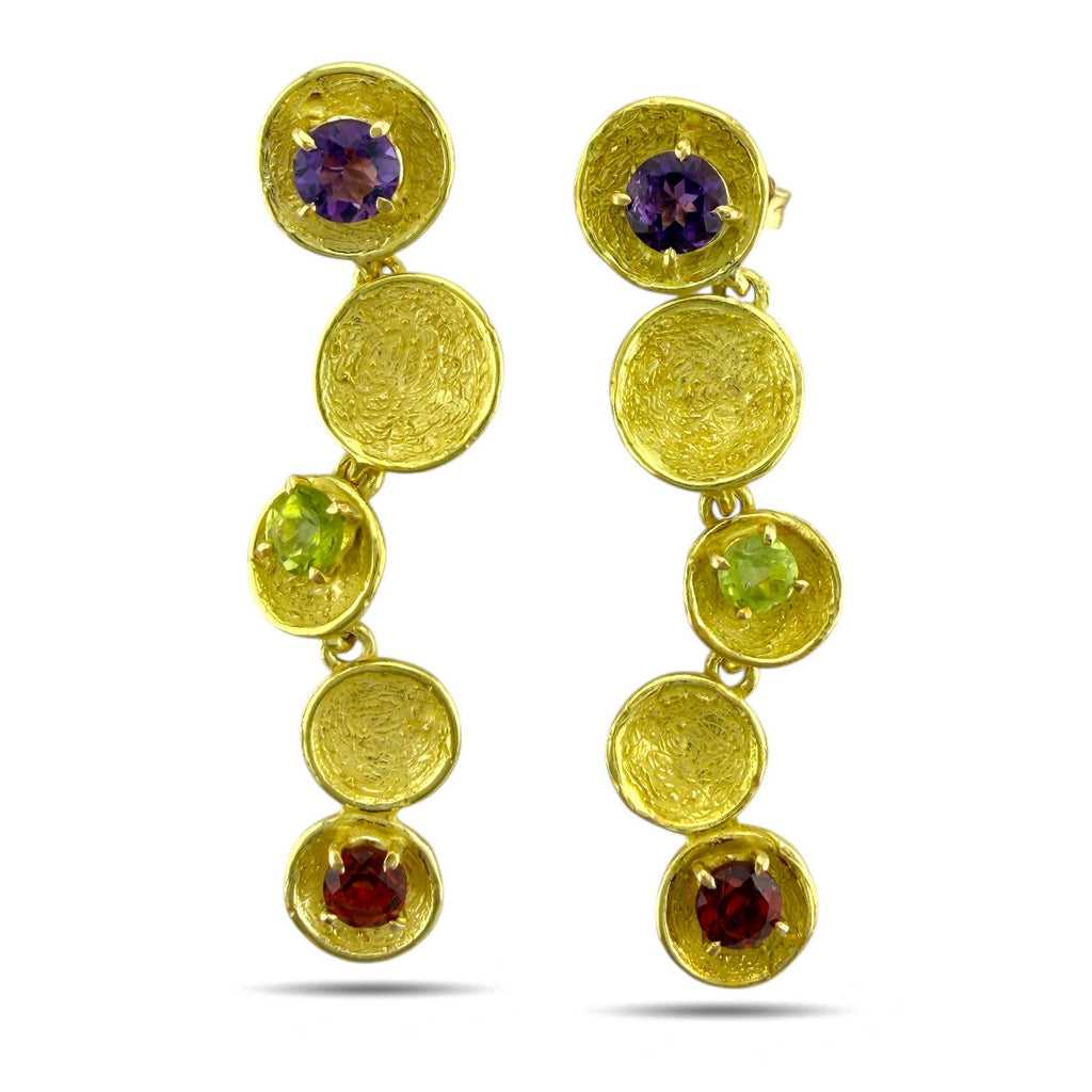 18K Yellow Gold Citrine, Amethyst and Garnet Screw-On Dangle Earrings