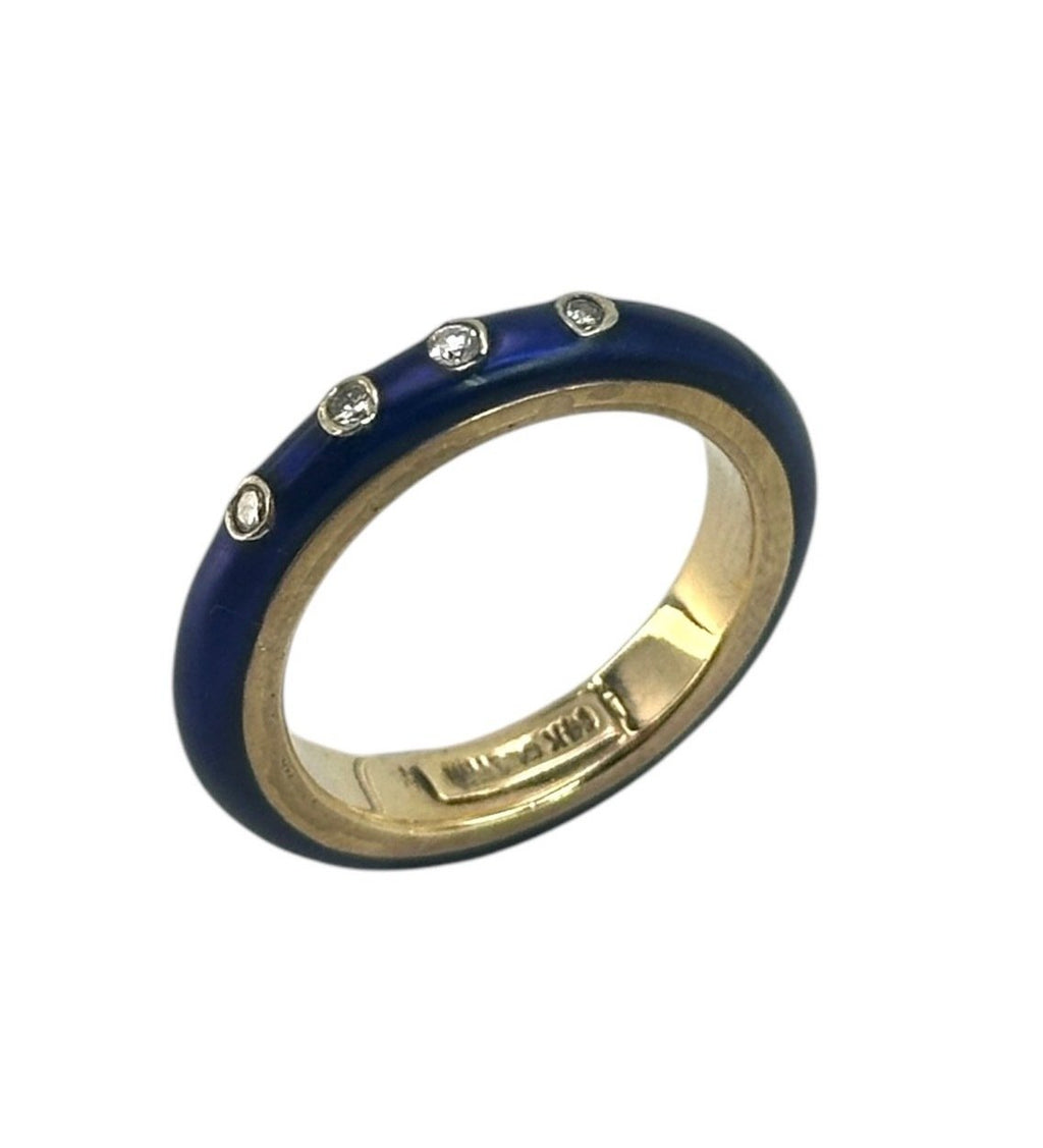 14K Yellow Gold Ring with Diamonds and Blue Enamel