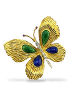 Vintage 18K Yellow Gold Enamel, 0.17ct Diamond and Ruby Butterfly Brooch