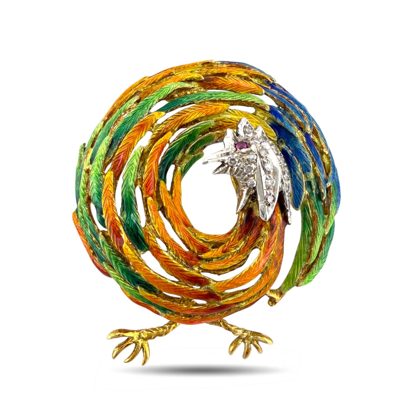 18K Yellow Gold Enamel Ruby and 0.11ct Diamond Rooster Brooch