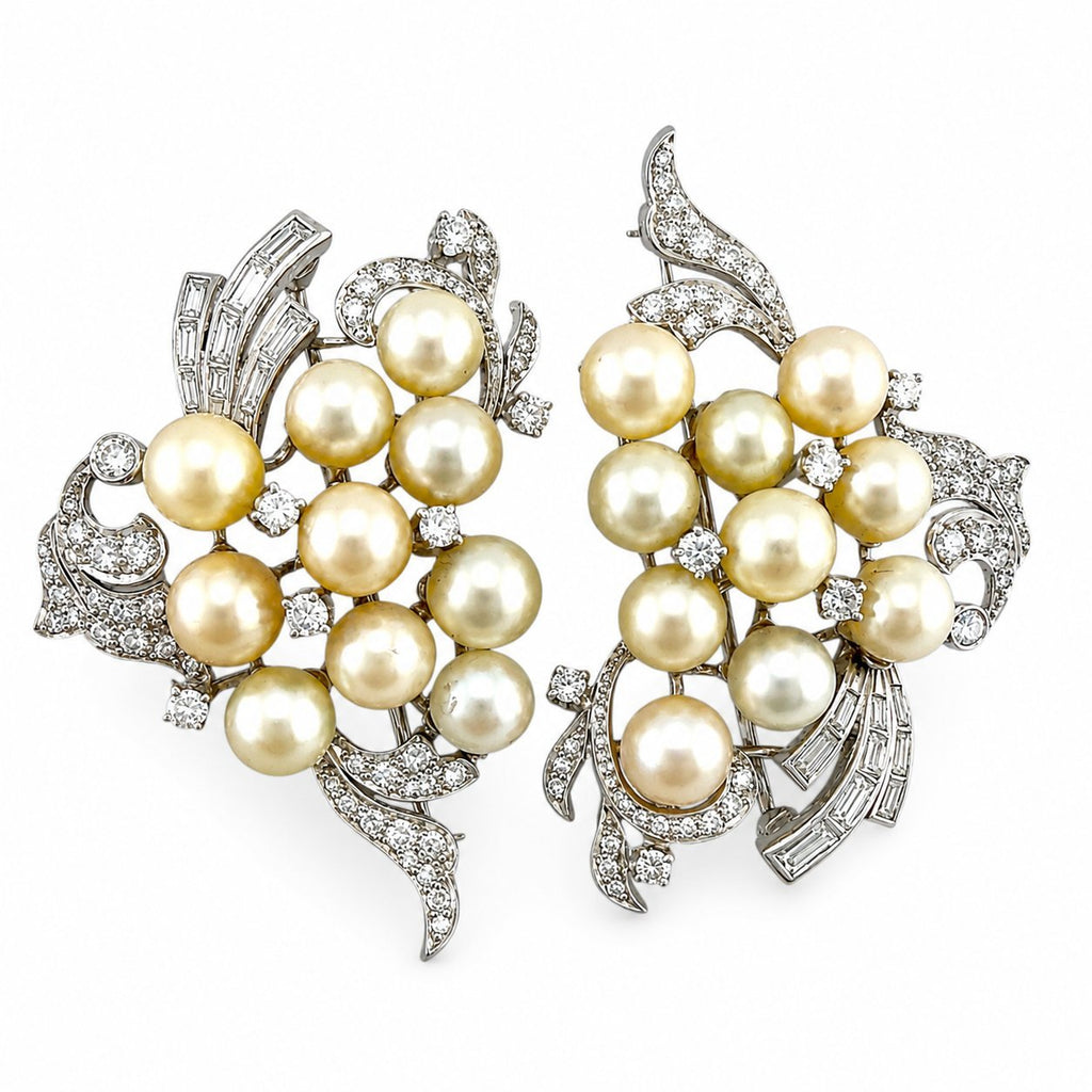 Pair of Platinum Pearl and 3.36ct Diamond Inverse Design Brooches