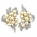 Pair of Platinum Pearl and 3.36ct Diamond Inverse Design Brooches