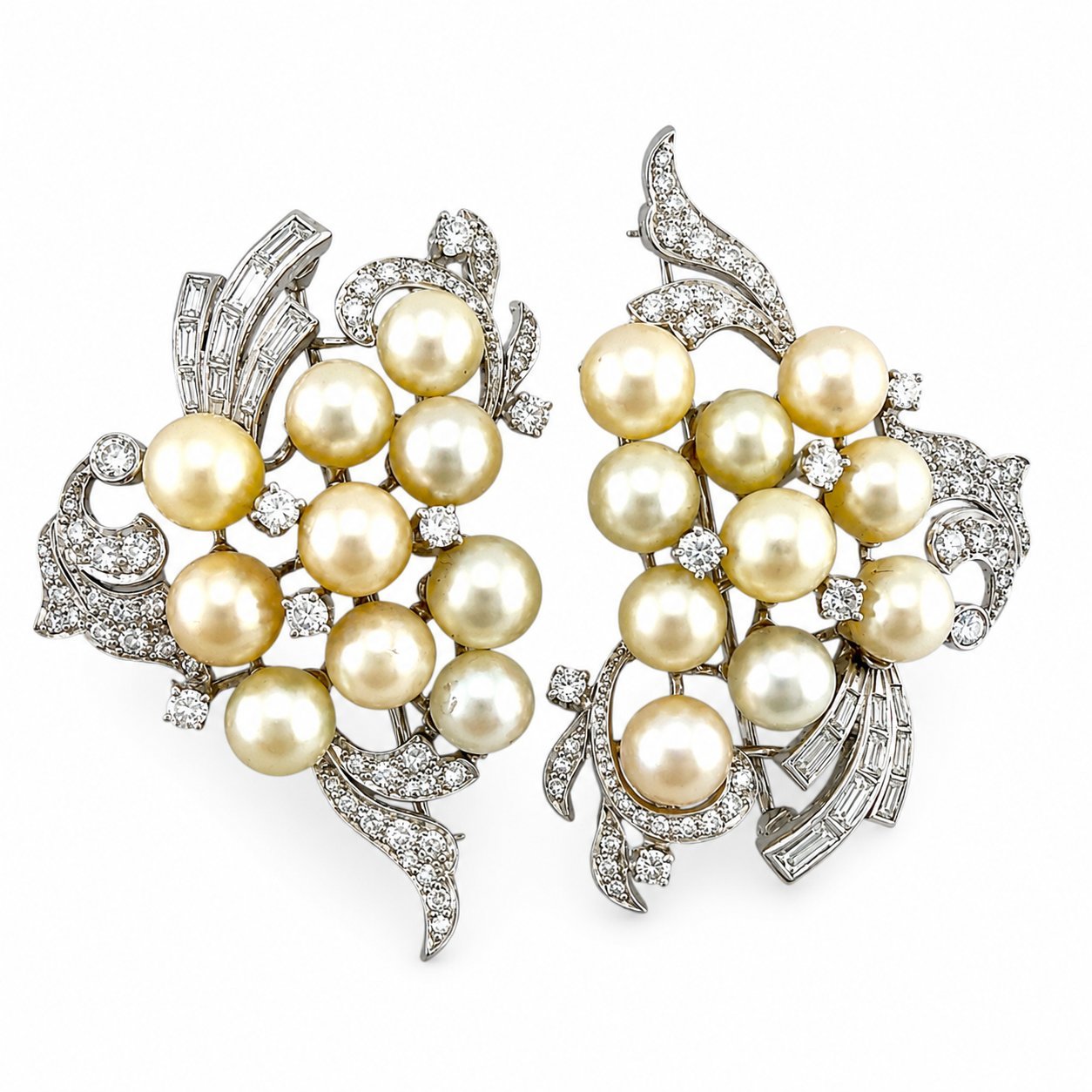 Pair of Platinum Pearl and 3.36ct Diamond Inverse Design Brooches