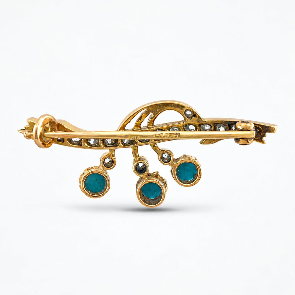 Reverse of the brooch showing its pin clasp and turquoise settings