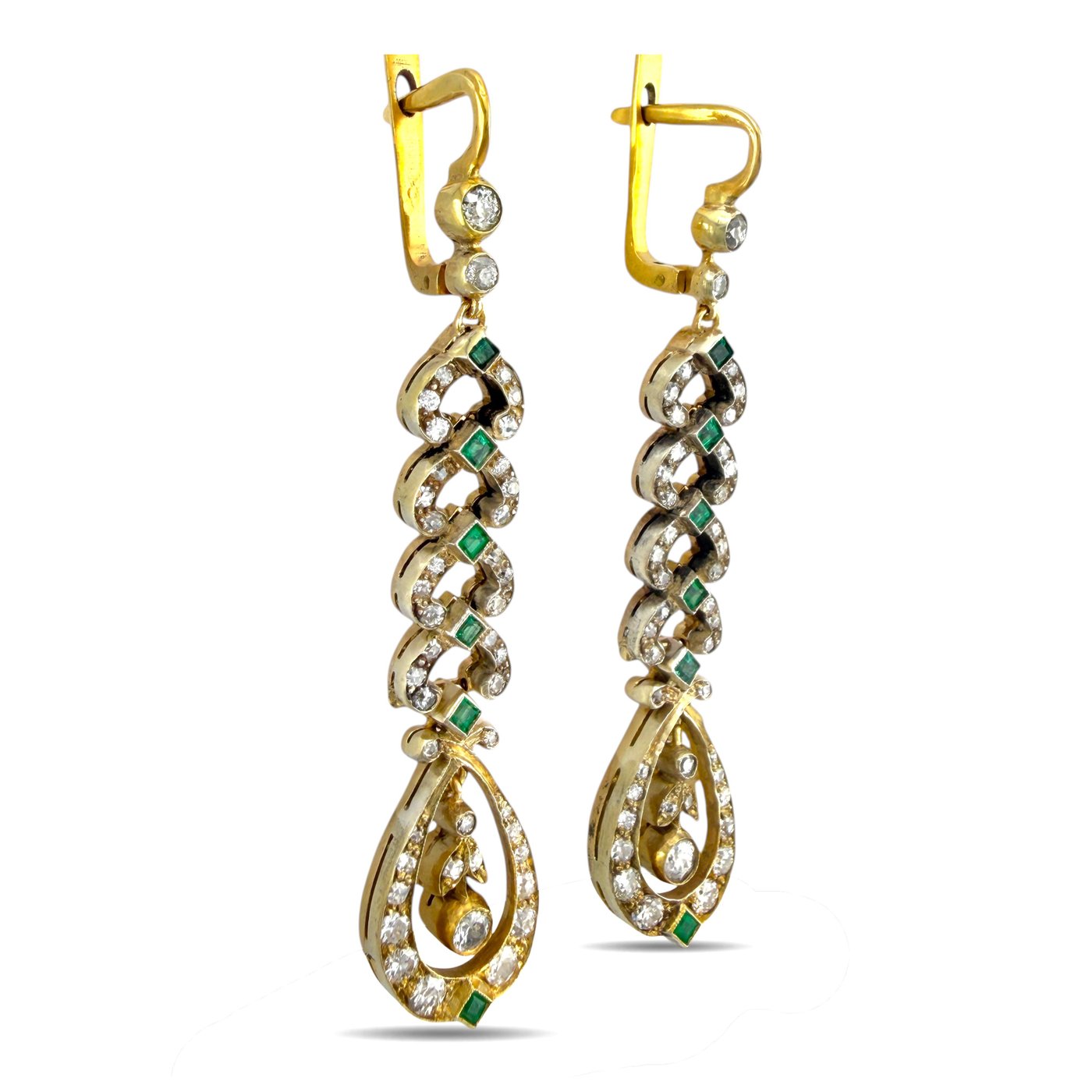 14K Rose and Yellow Gold Imperial Russian Emerald and Diamond Dangle Earrings