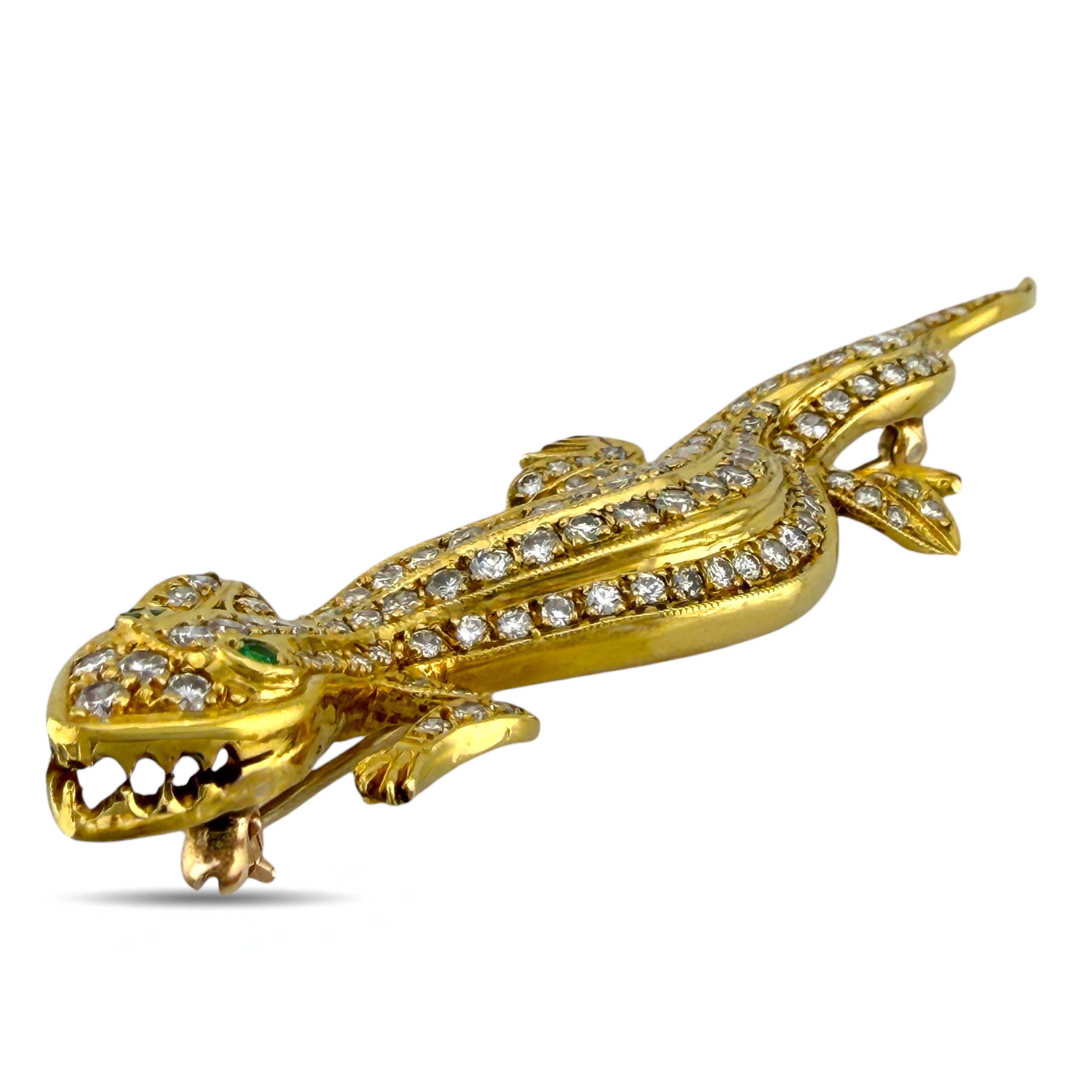Brooch - 18 kt. Yellow gold, Exclusive 18K Yellow Gold 1.41ct Diamond and Emerald Lizard Brooch -  1.41ct. tw. Diamond (Natural)