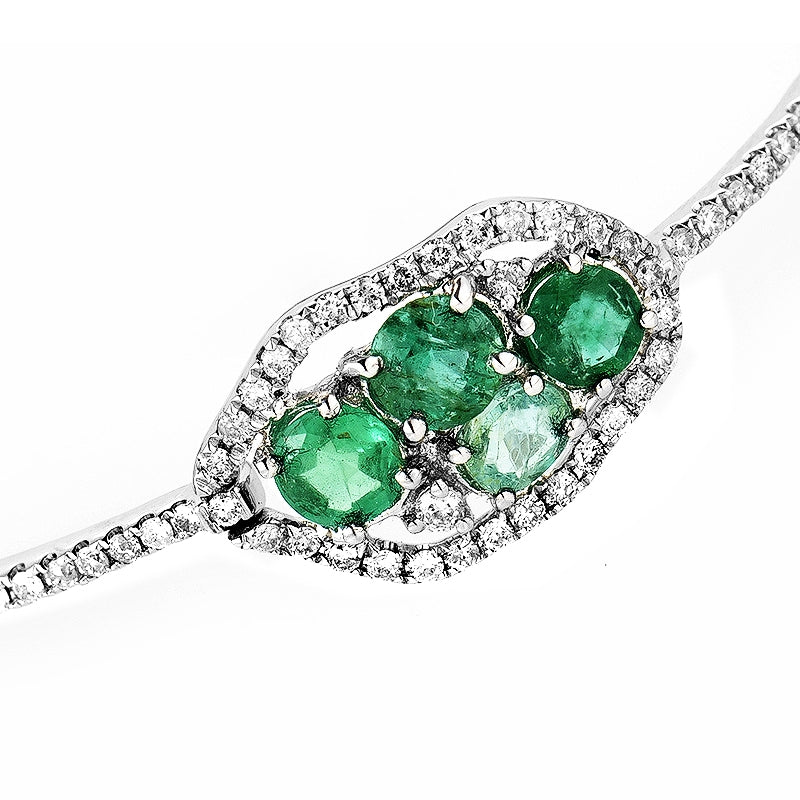 Single Row 18K White Gold Diamond and Emerald Bangle