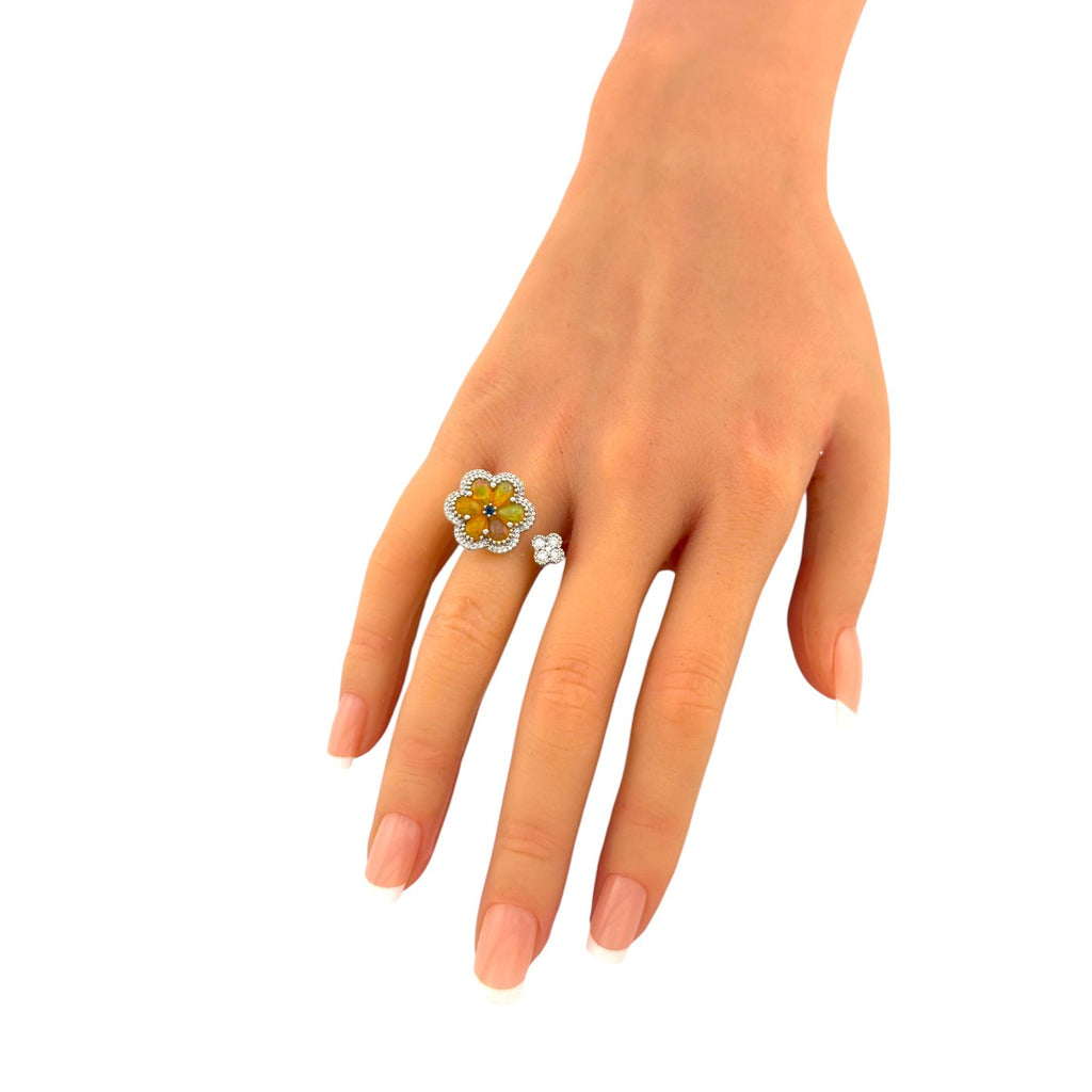 14K White Gold 1.43ct Opal, Sapphire and 0.32ct Diamond Flower Bypass Ring
