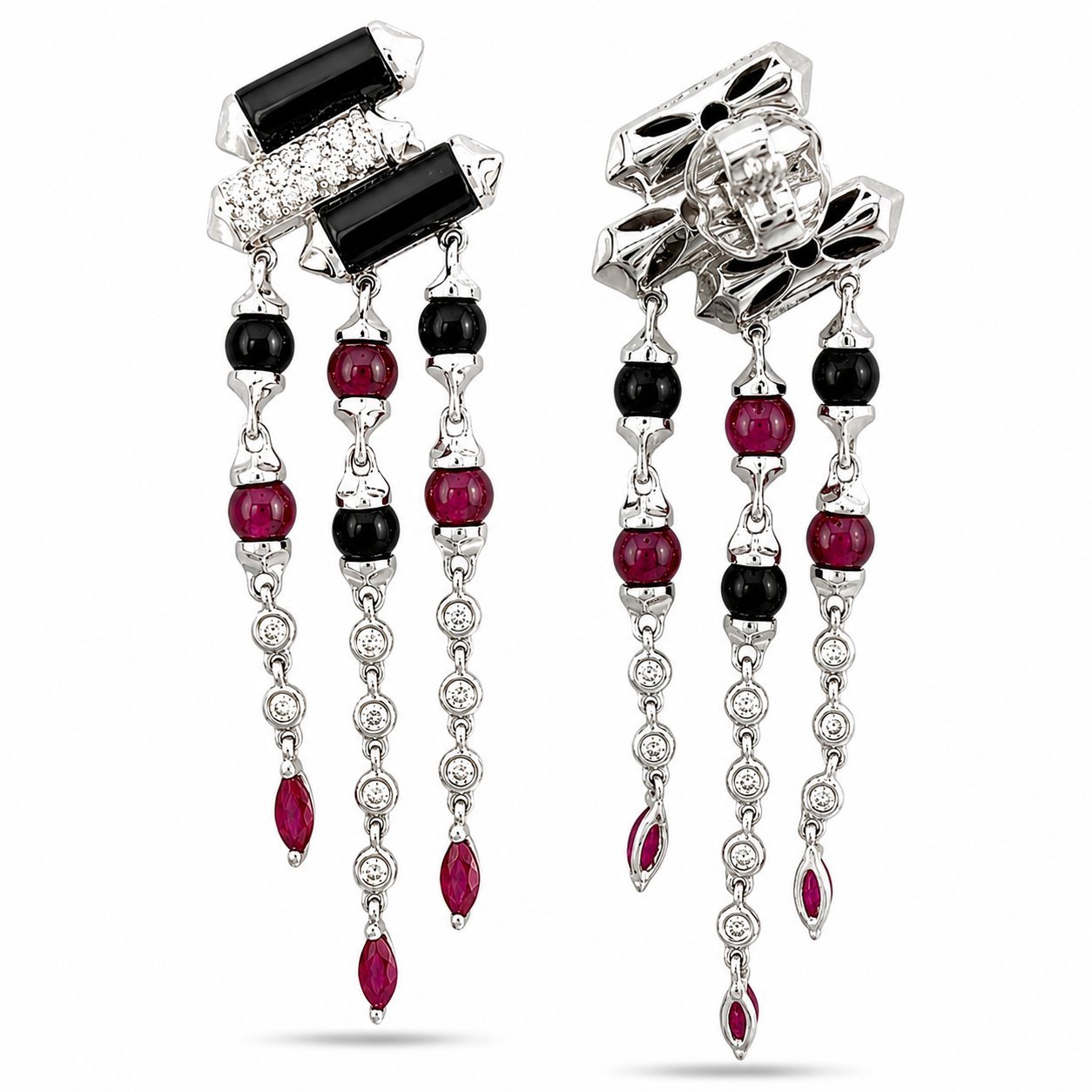 White gold dangle earrings with black stones, ruby and onyx beads, and diamond circles