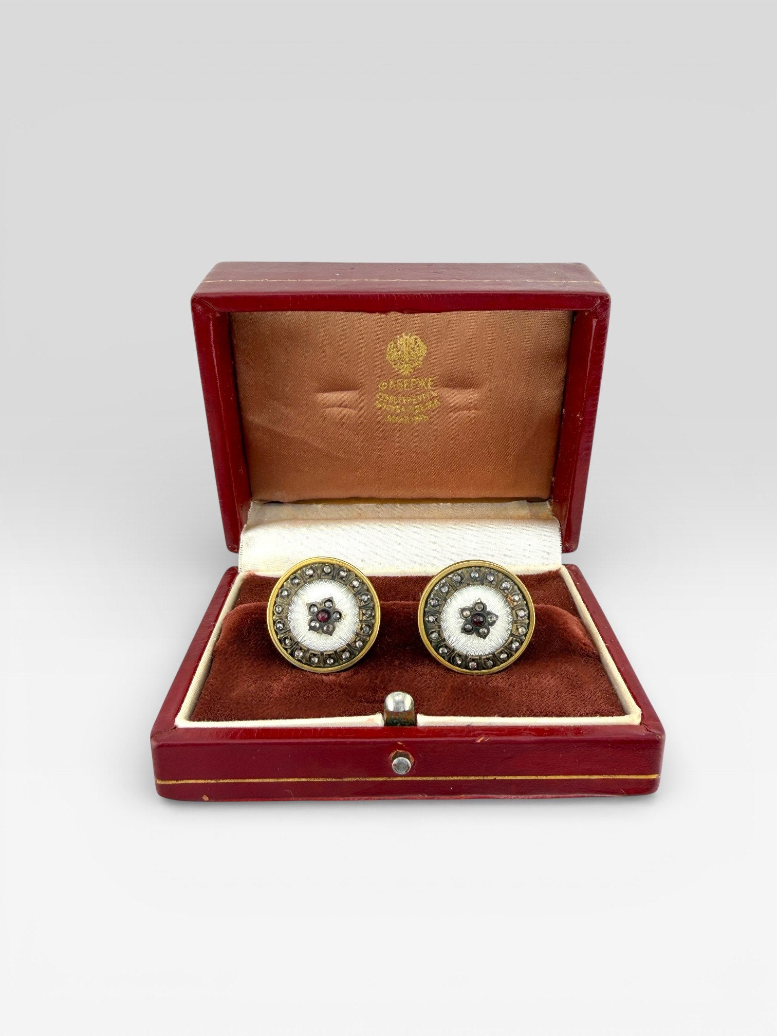 Faberge Imperial Russian Silver 0.44ct Diamond and Ruby Cufflinks