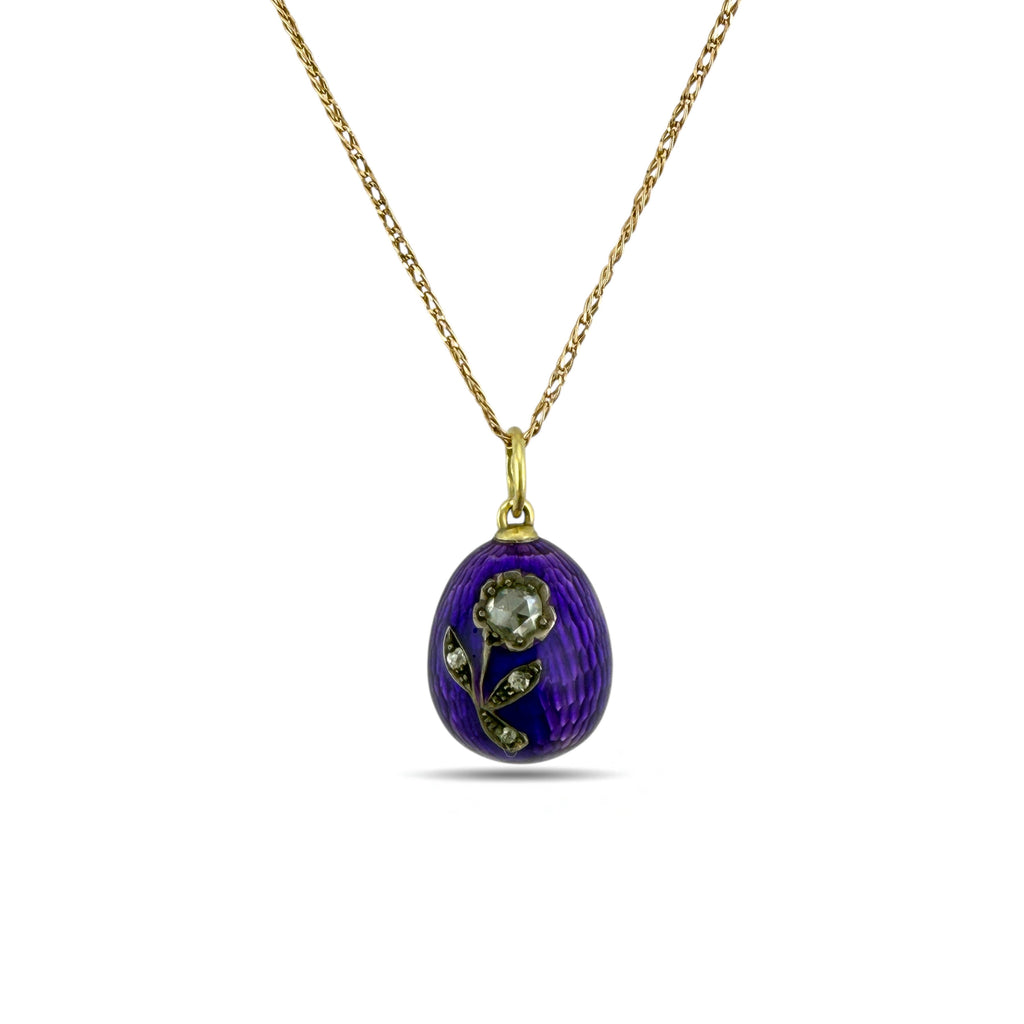 Imperial Russian Faberge 14K Yellow Gold Purple Enamel and 0.5ct Diamond Egg Pendant