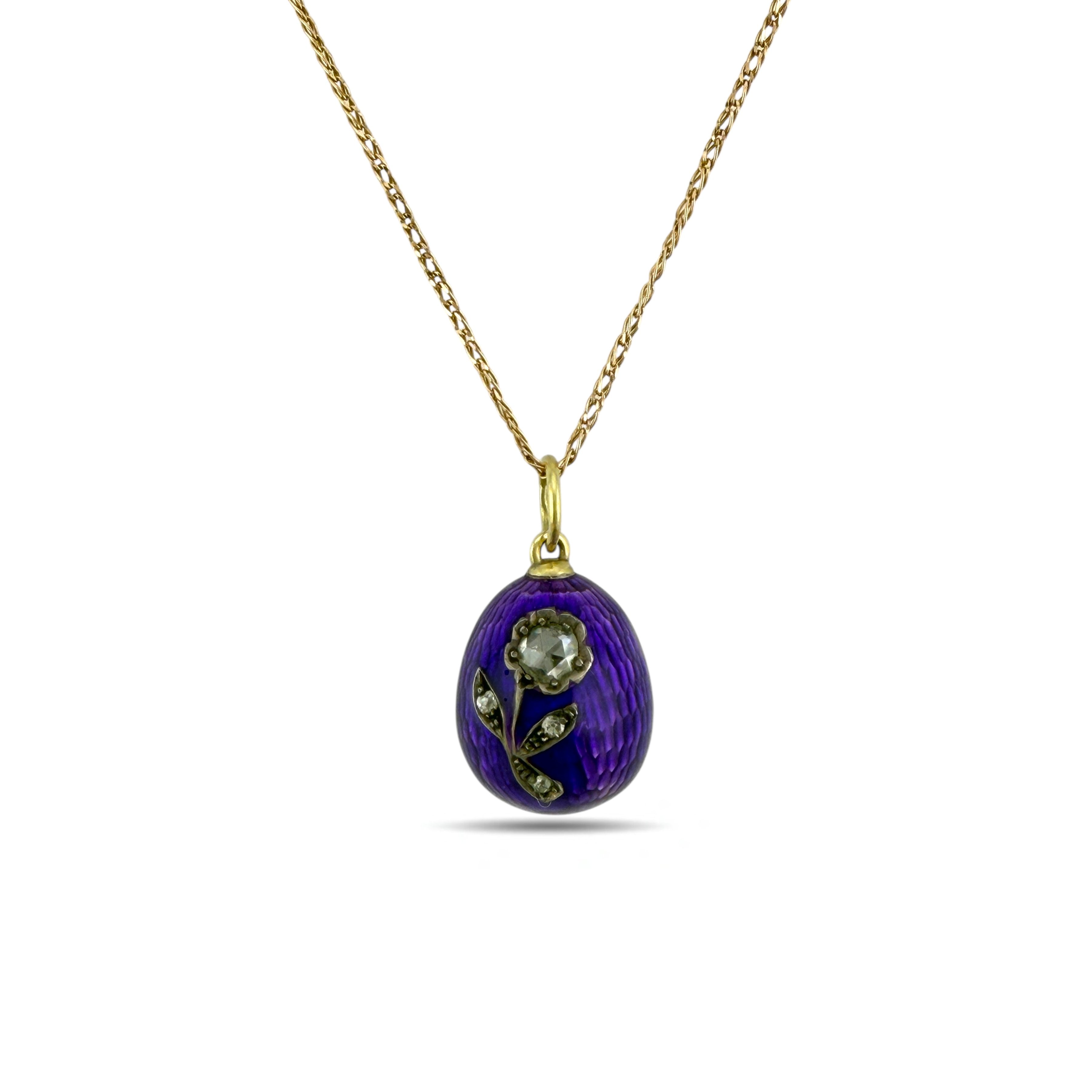 Imperial Russian Faberge 14K Yellow Gold Purple Enamel and 0.5ct Diamond Egg Pendant