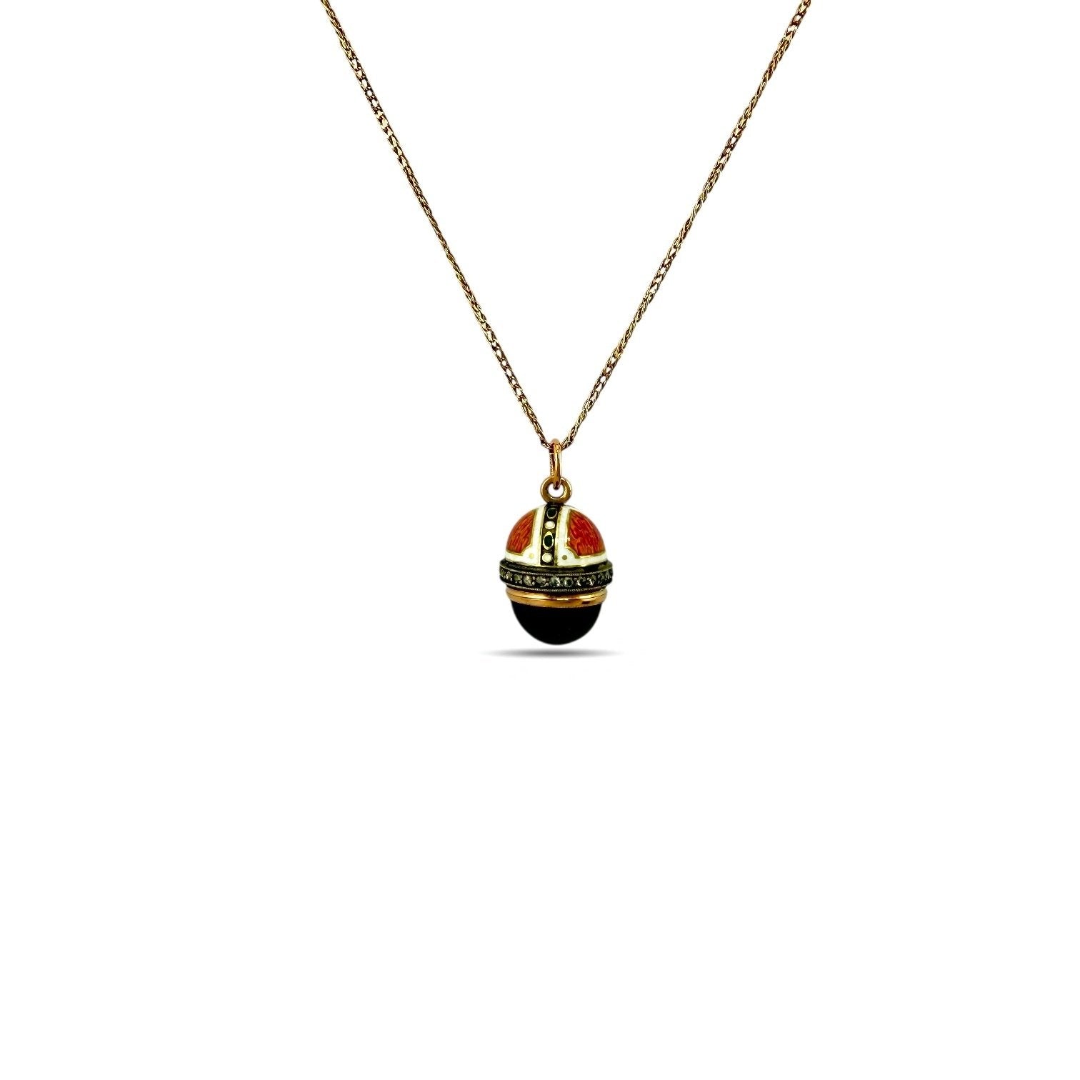 14 kt. Yellow gold, Imperial Russian Faberge Jewelled 56K Gold and Enamel Egg Pendant Henrik Wigström