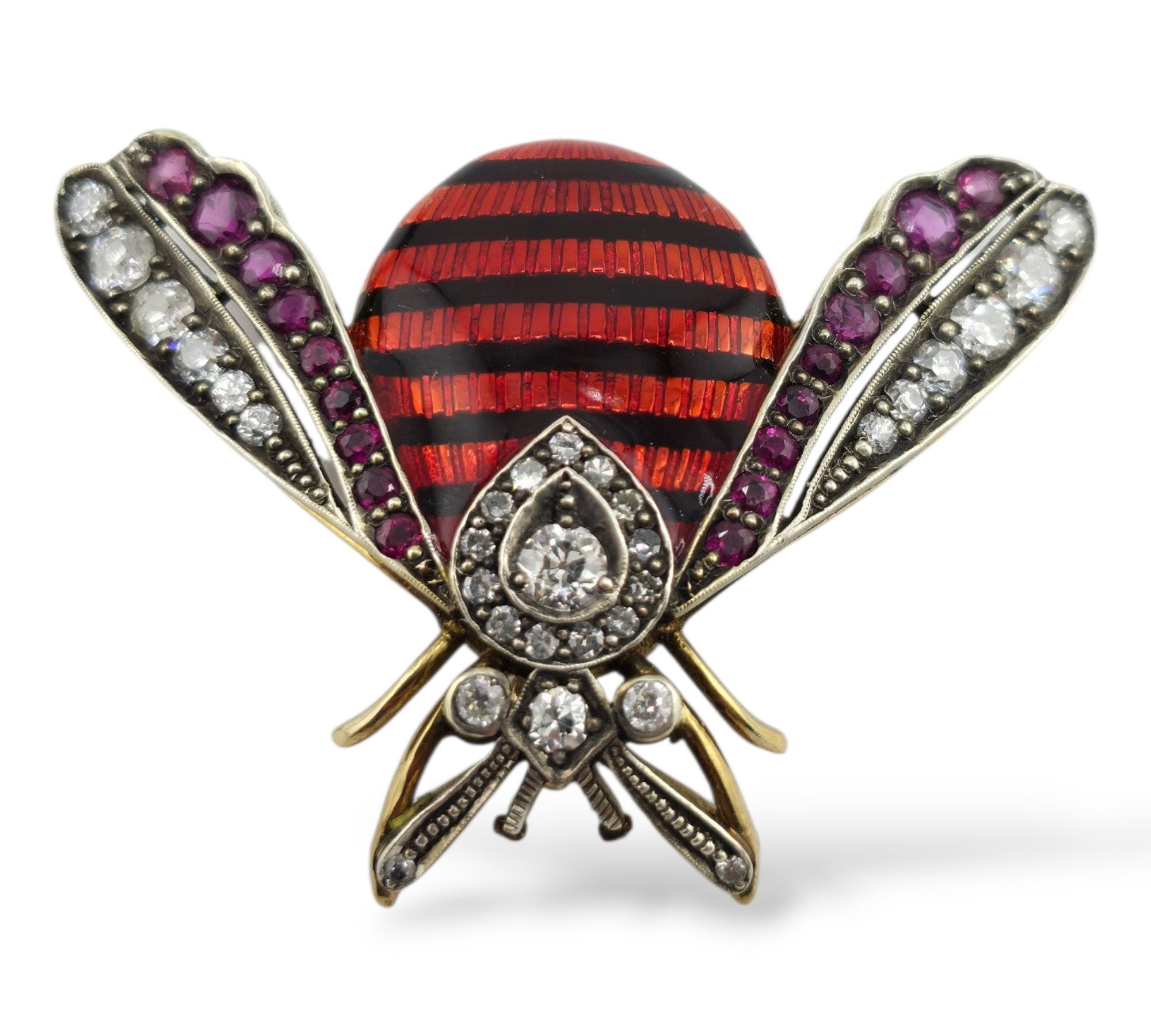 Brooch - 14 kt. Yellow gold, Imperial Russian 56K Gold ( 14k gold) Enamel and Diamond Brooch  Demantoid - Ruby
