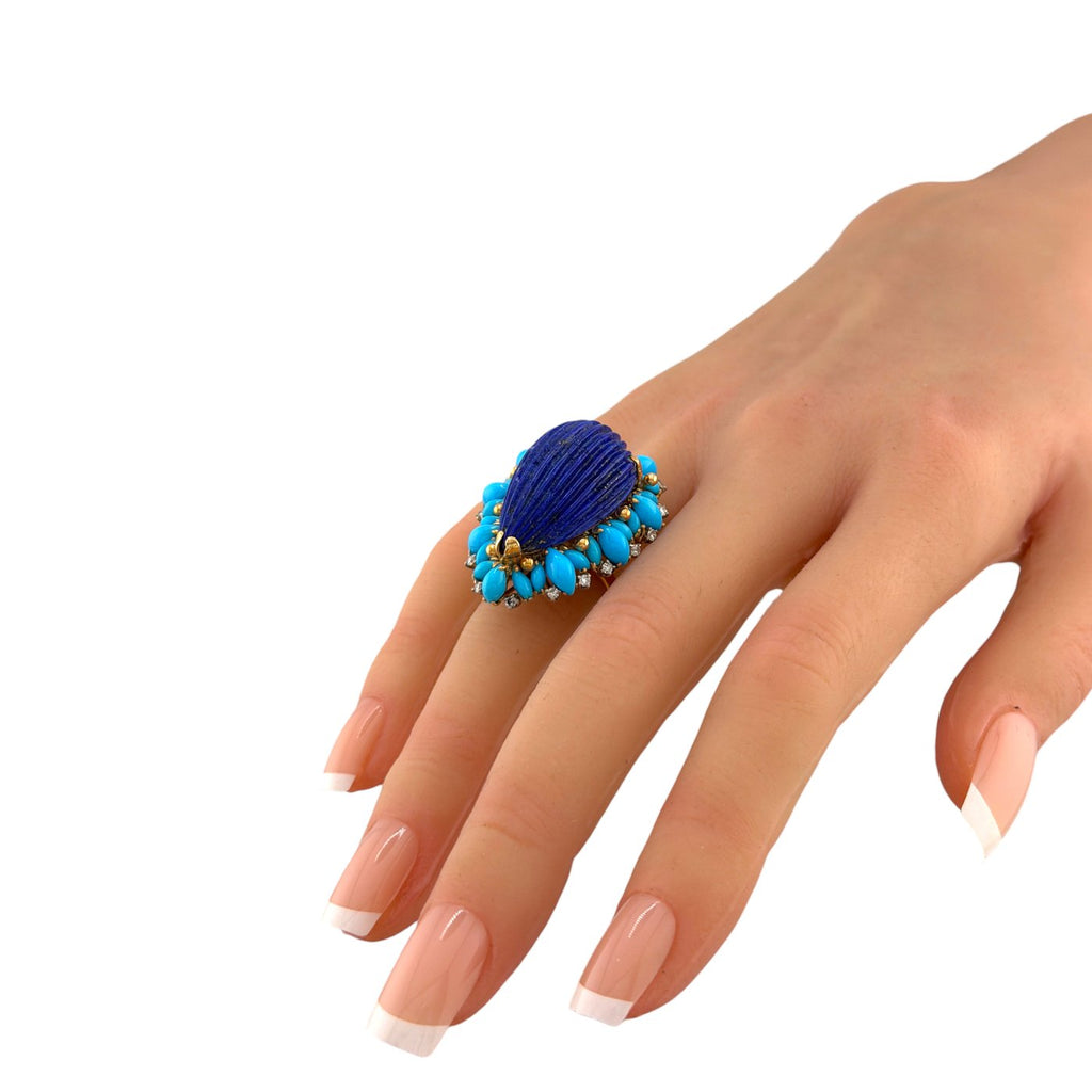 18K Yellow Gold Lapis Lazuli, Turquoise, and 0.27ct Diamond Cocktail Ring