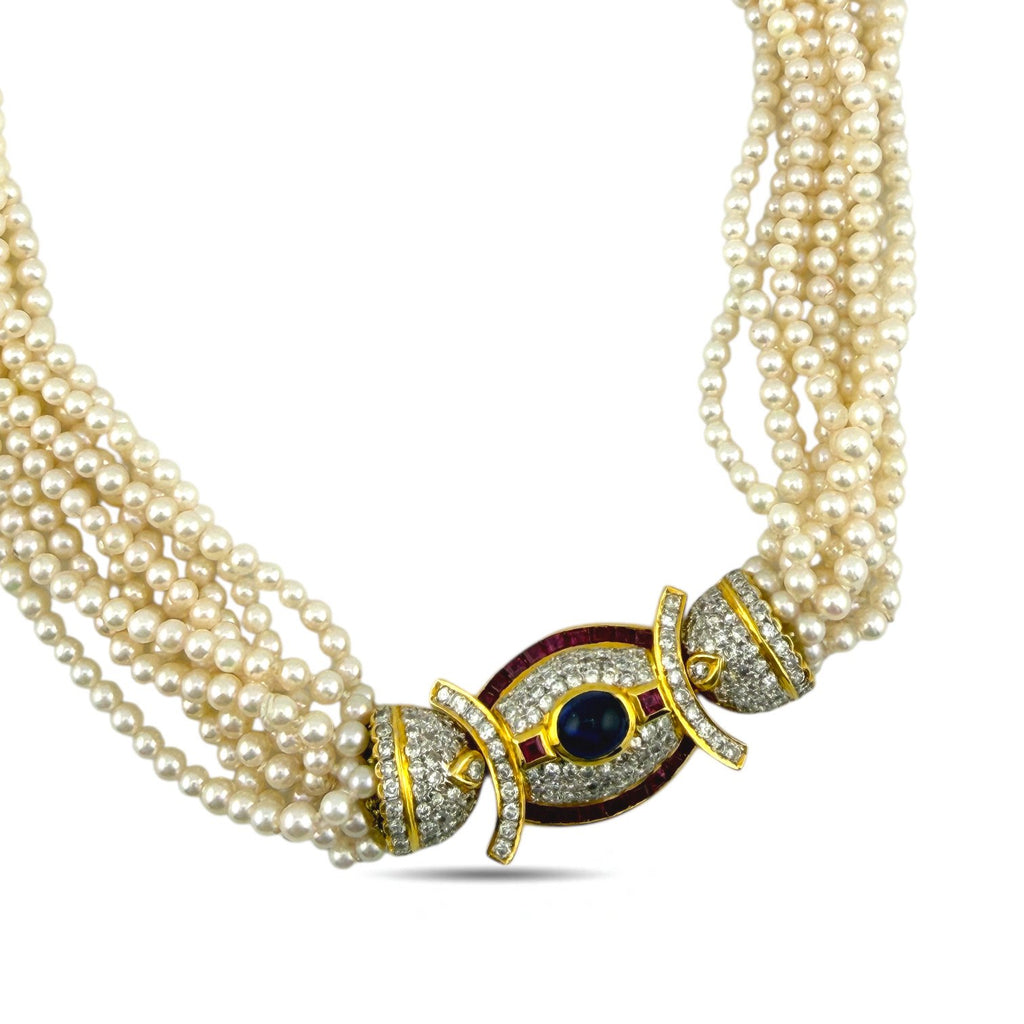 18K Yellow Gold Pearl 9.6ct Diamond, 2.4ct Rubies, and 2.5ct Cabochon Sapphire Necklace