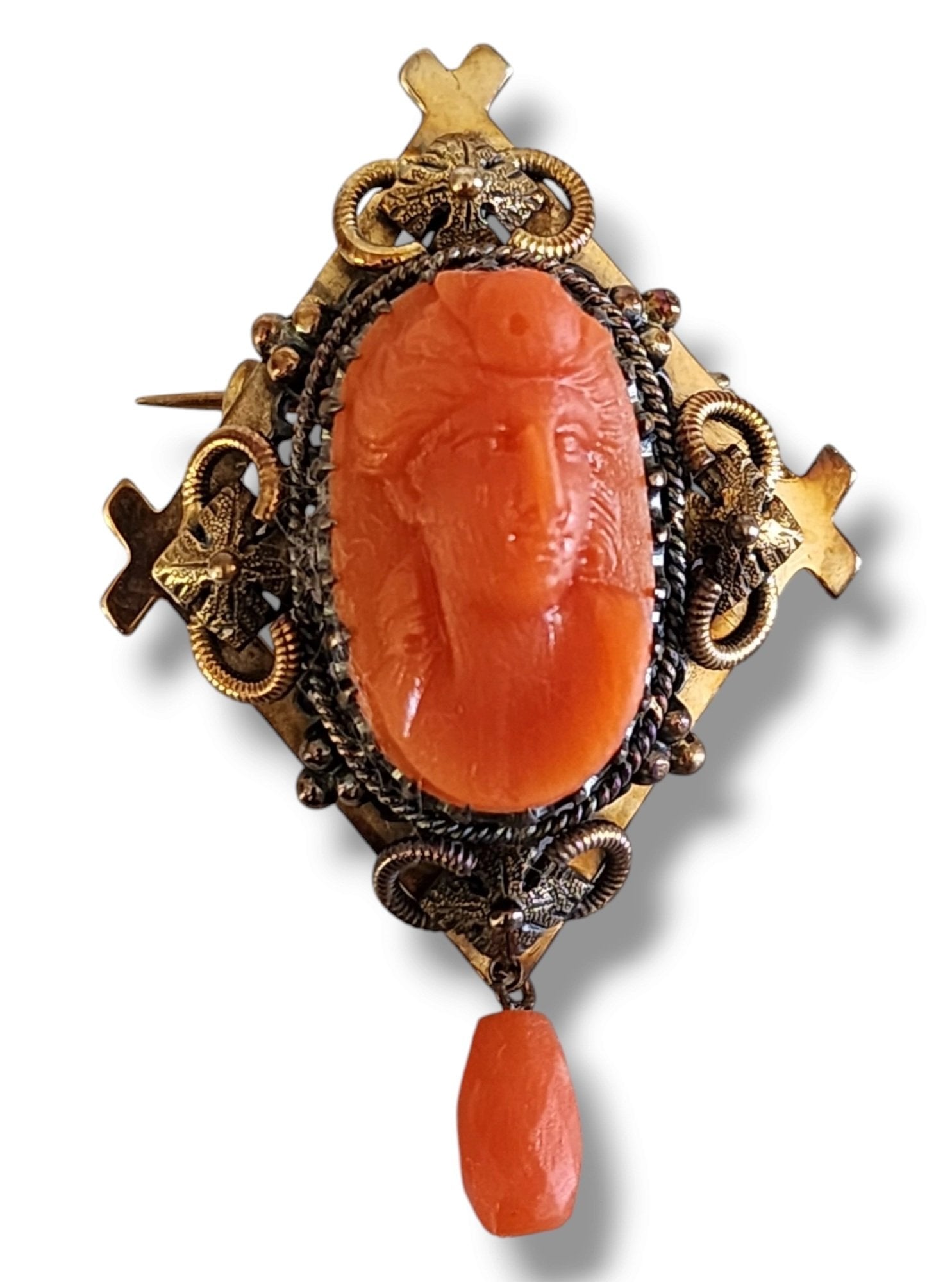 14 kt. Yellow gold, Victorian 14K Carved Coral Cameo Set Pendant, Brooch Earrings Set