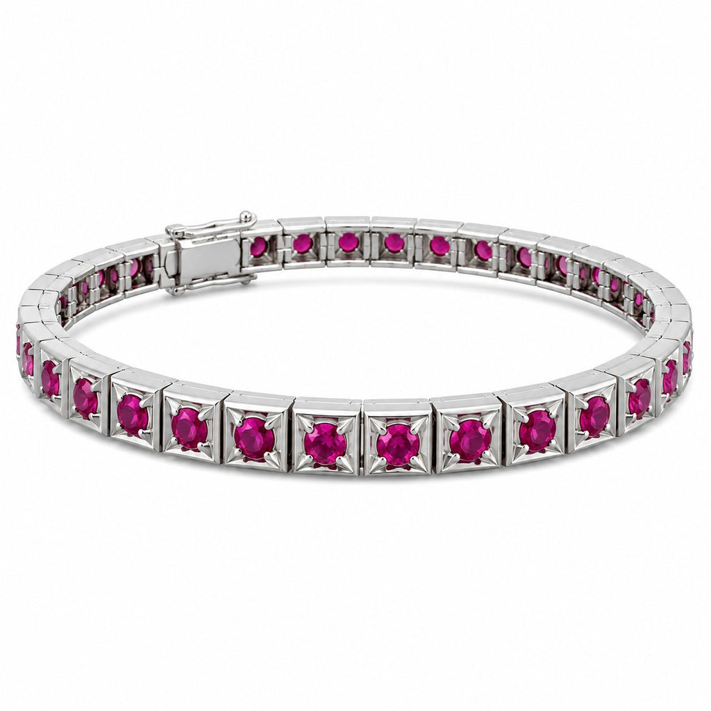 Platinum tennis bracelet with oval ruby stones and box clasp