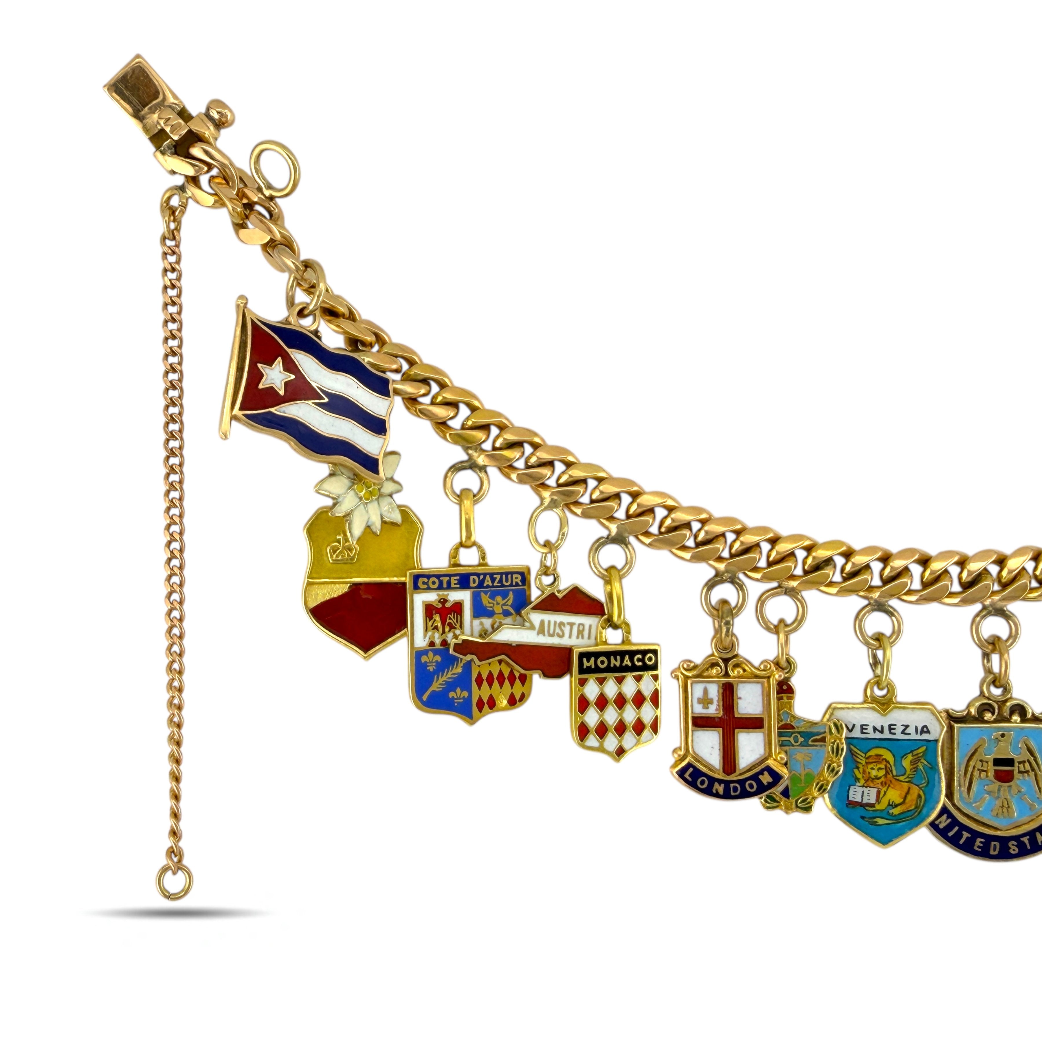 18 kt. Yellow gold, European & American Gold Travel Shield Bracelet, 18K Charm Bracelet