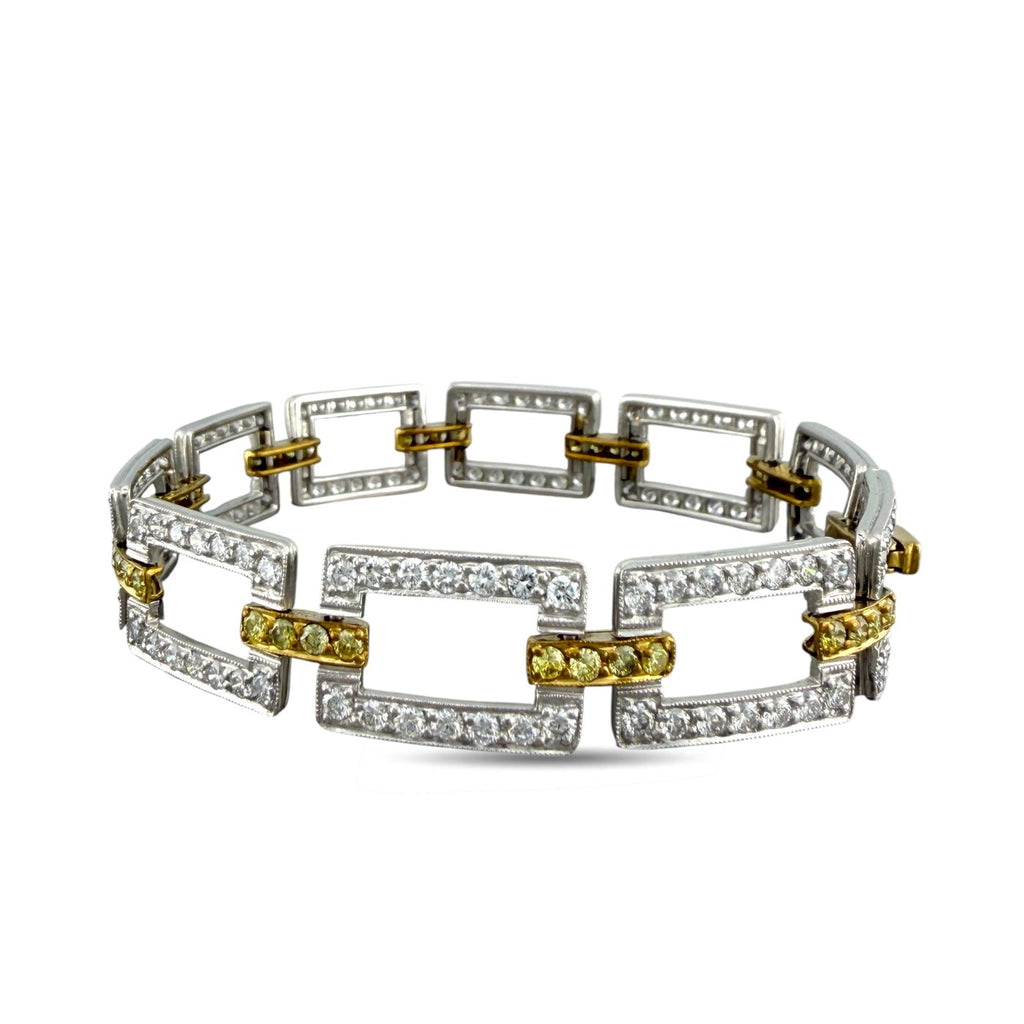 18K Yellow Gold and Platinum 5.54ct  Diamond & Yellow 1.08 Sapphire Link Bracelet -  5.54ct. tw. Diamond (Natural)  - Sapphire
