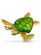 18K Yellow Gold Turtle Brooch with Green Enamel Shell