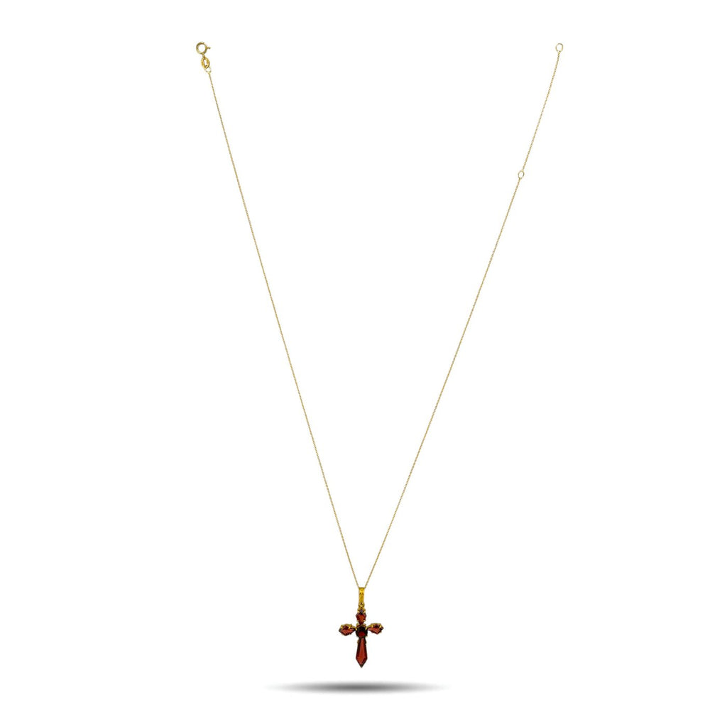 Italian 18K Yellow Gold Garnet Cross Pendant with 14K Yellow Gold Necklace, Yellow gold