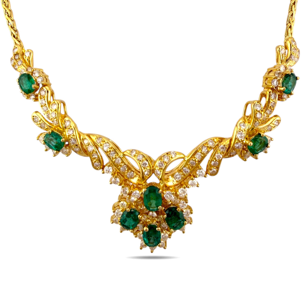 18K Yellow Gold Emerald and 2.36ct Diamond Necklace and Ring Set