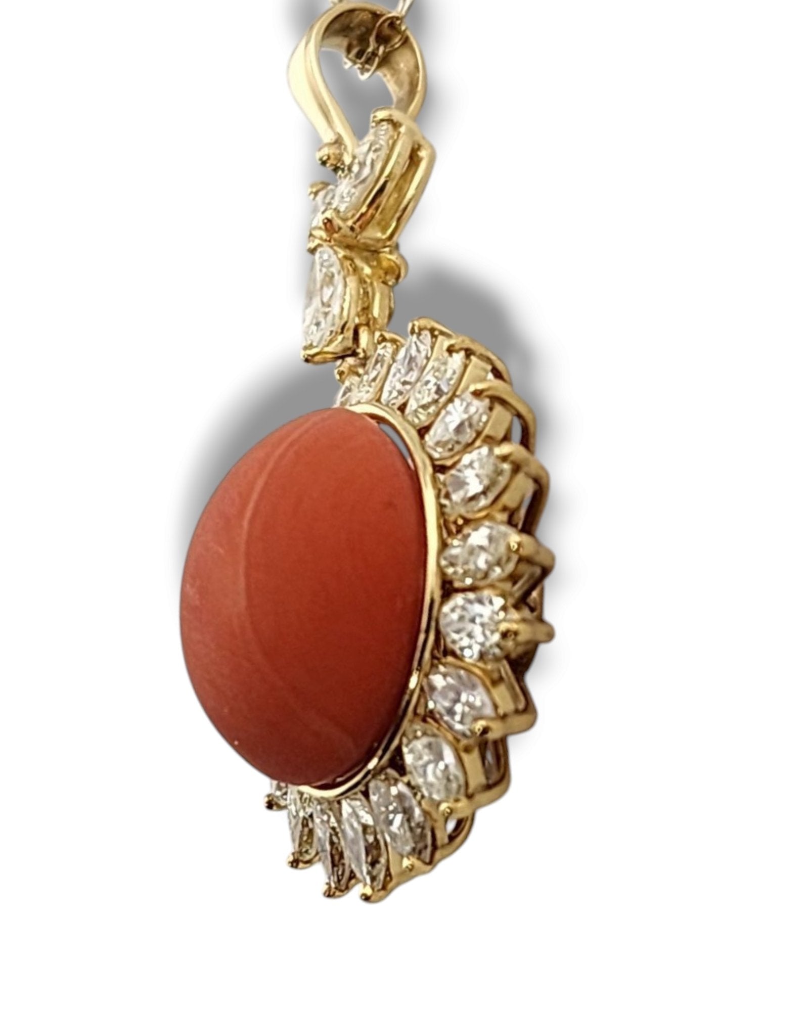 Women’s 18K Gold Necklace with Large Coral and Marquise Cut Diamonds