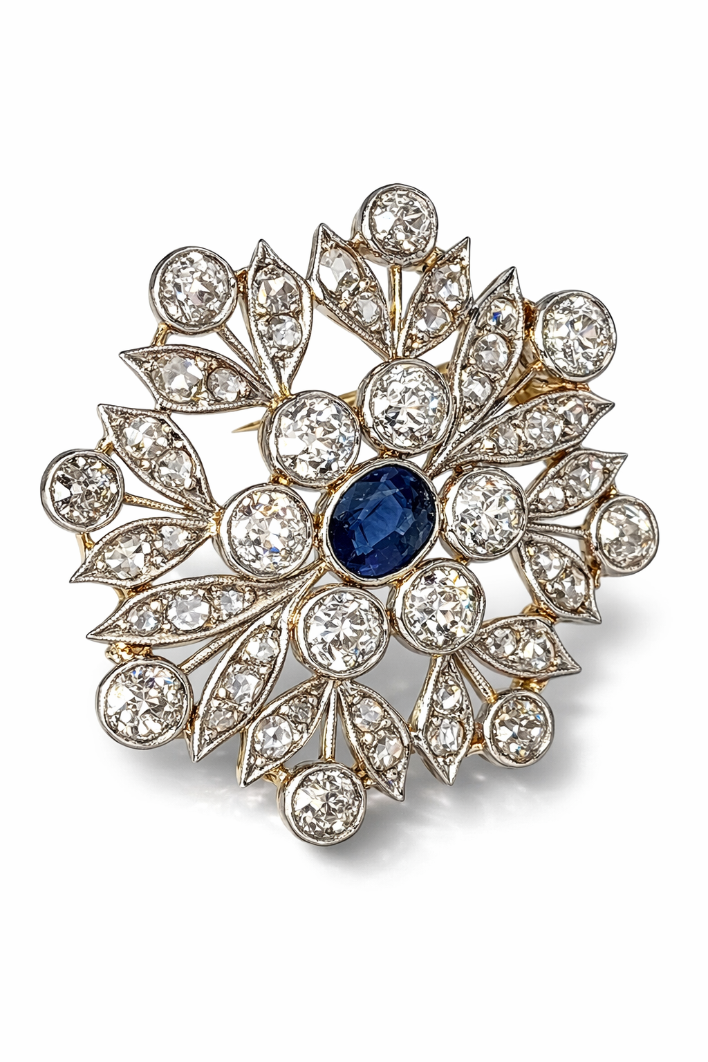 Snowflake Style 18K White Gold Brooch with Diamonds and Sapphire 6ct