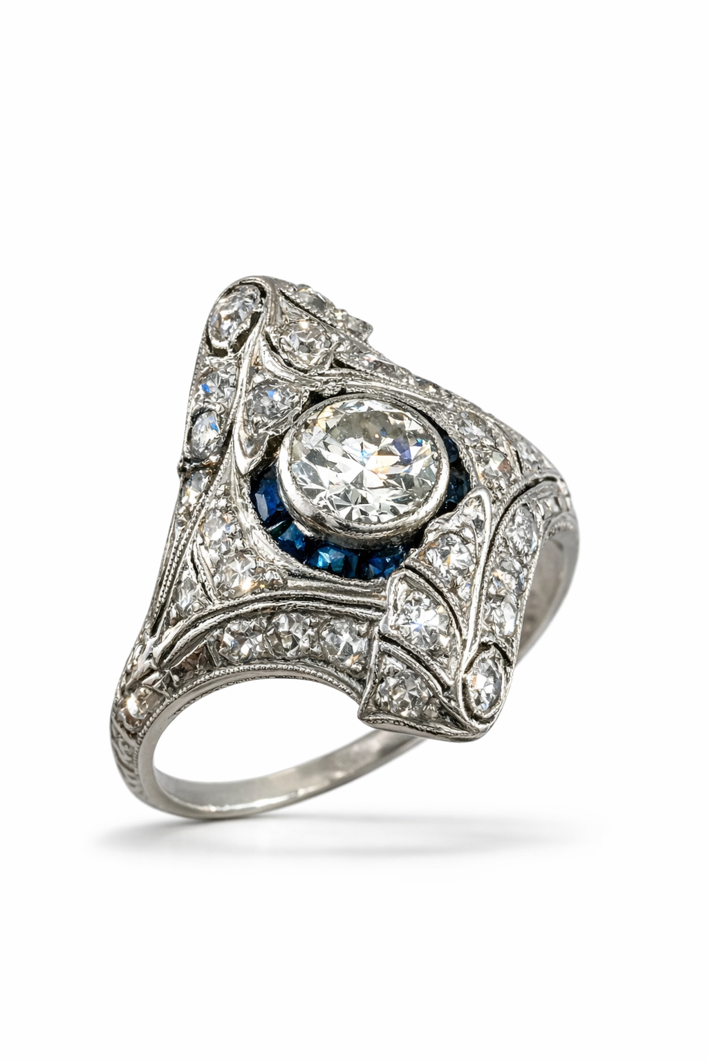 Art Deco Platinum Ring with 1.75ct of Diamonds and Sapphires