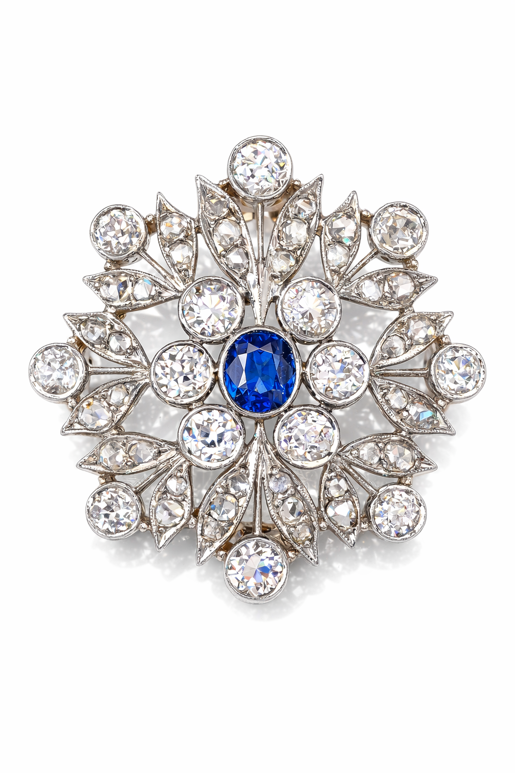 Snowflake Style 18K White Gold Brooch with Diamonds and Sapphire 6ct