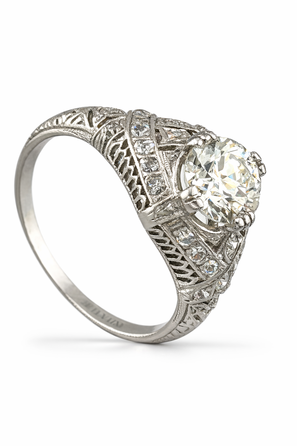 Antique Platinum Ring with 1.35ct Old European Diamond and Cut Accents