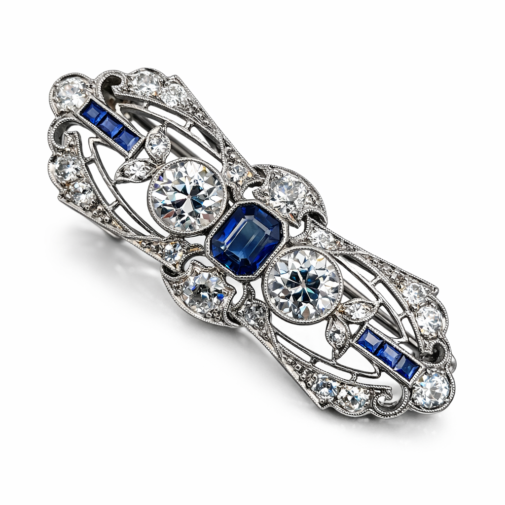 Art Deco Platinum 1.5ct Diamonds and Sapphire Brooch
