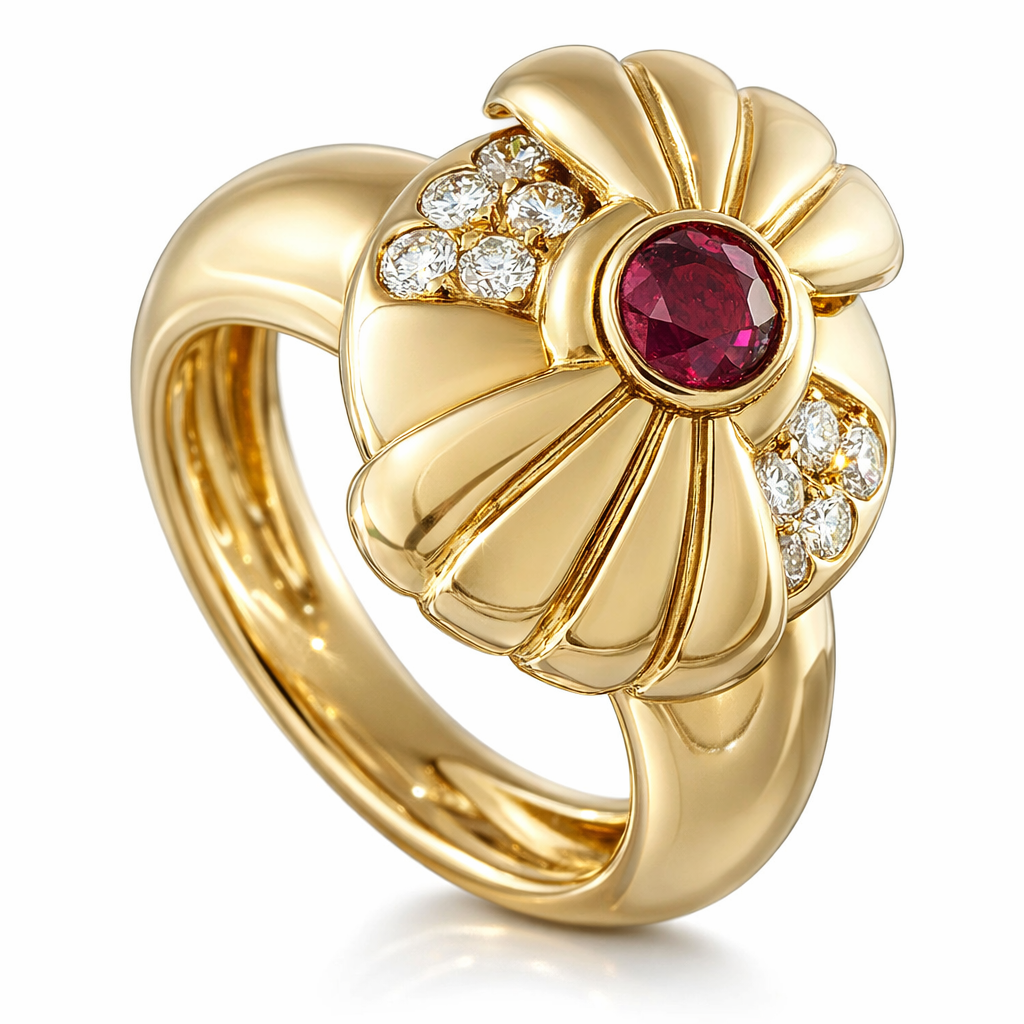 Boucheron Vintage 18K Yellow Gold Diamond and Burma Ruby Ring