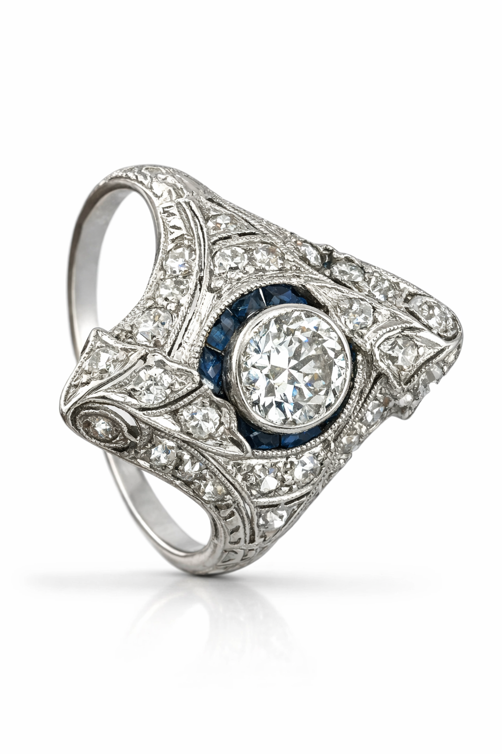 Art Deco Platinum Ring with 1.75ct of Diamonds and Sapphires