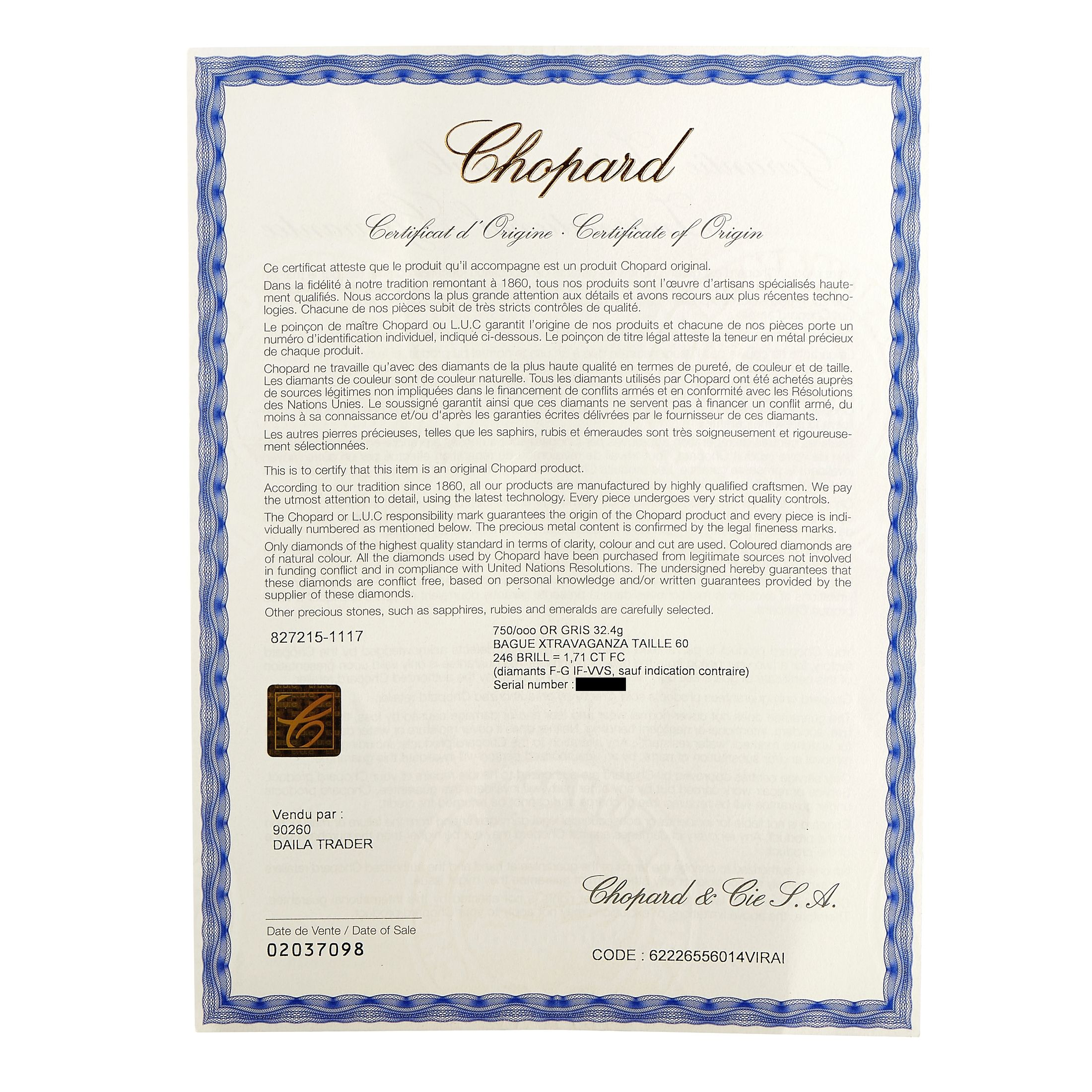 Chopard18K White Gold 1.17ct Diamond Ring