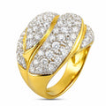 18K yellow gold ring with diamond swirl band and round pave clusters