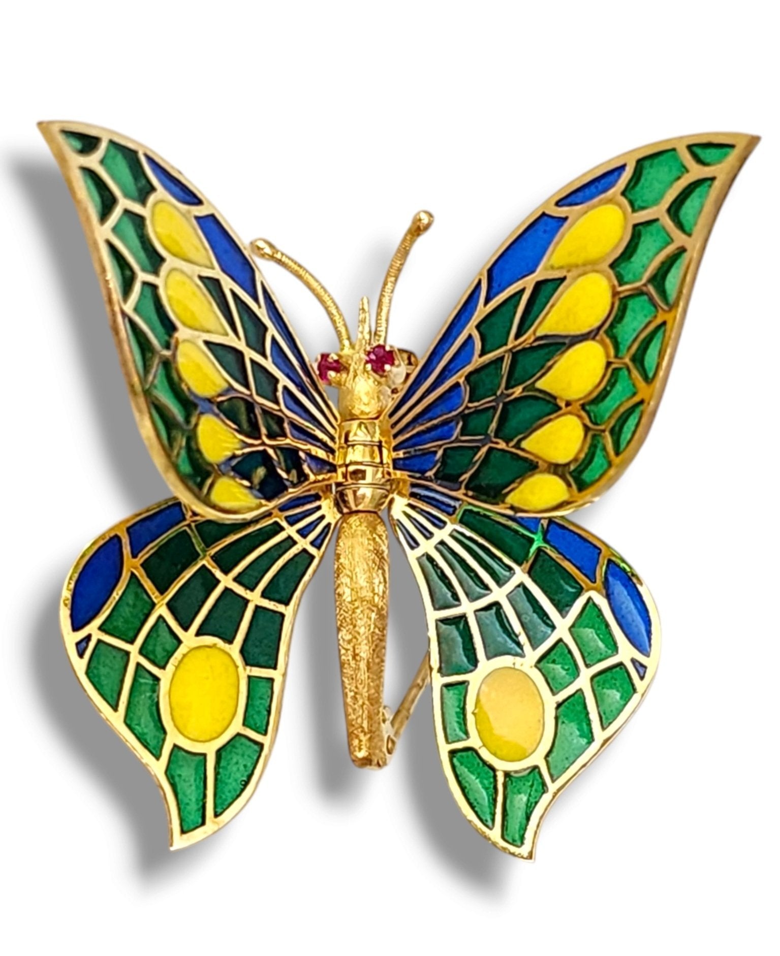 Brooch - 14 kt. Yellow gold, Lovely Rare Gold, Plique-à-jour Enamel &  Diamond Brooch Butterfly
