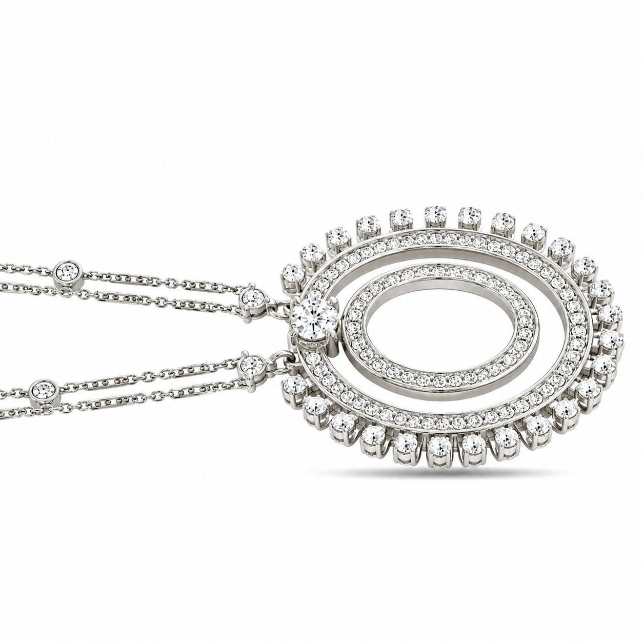 Clustered round diamond halo pendant with twin chains, 18K white gold