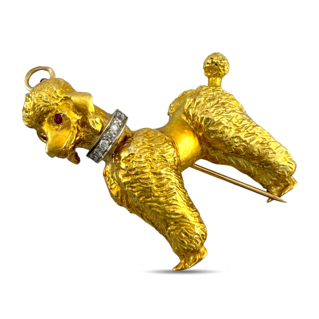 French Poodle Brooch 18K Yellow Gold Diamond Collar and Ruby Eyes