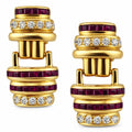 18K yellow gold clip-on earrings with ruby enamel bars and diamond bezel stones
