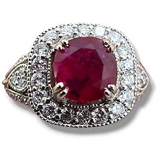 Ring - 18 kt. White gold, 18K Gold, Diamond & Deep Dark Red 1.0CT Ruby Art Deco Ring - 1.60ct. tw. Ruby - Diamond